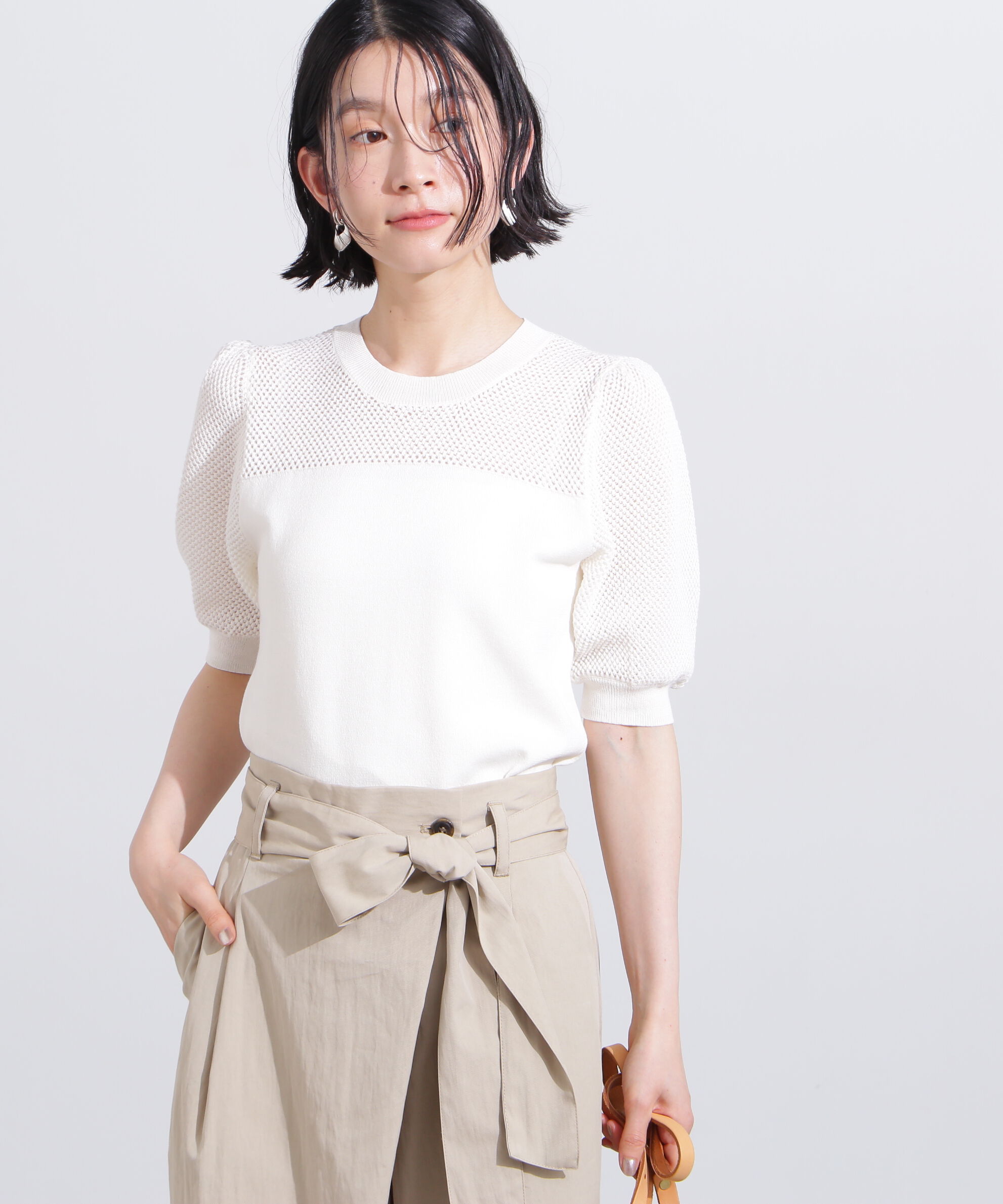  「メッシュ切替半袖ニット」|ニット・セーター|オフ1