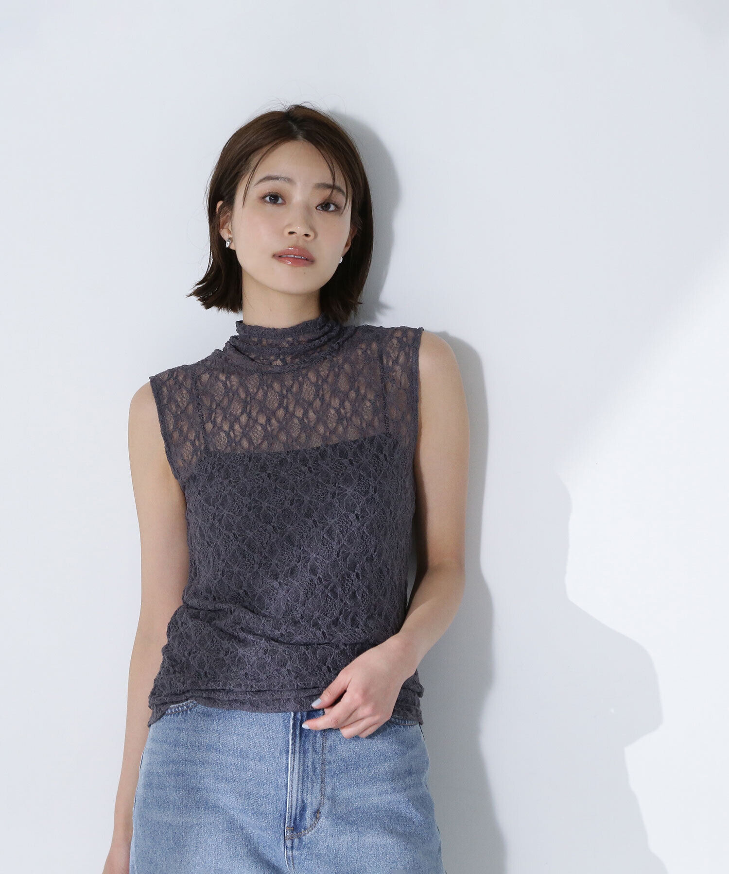  「ハイネックシアーレースノースリーブカットソー」|Tシャツ・カットソー|
