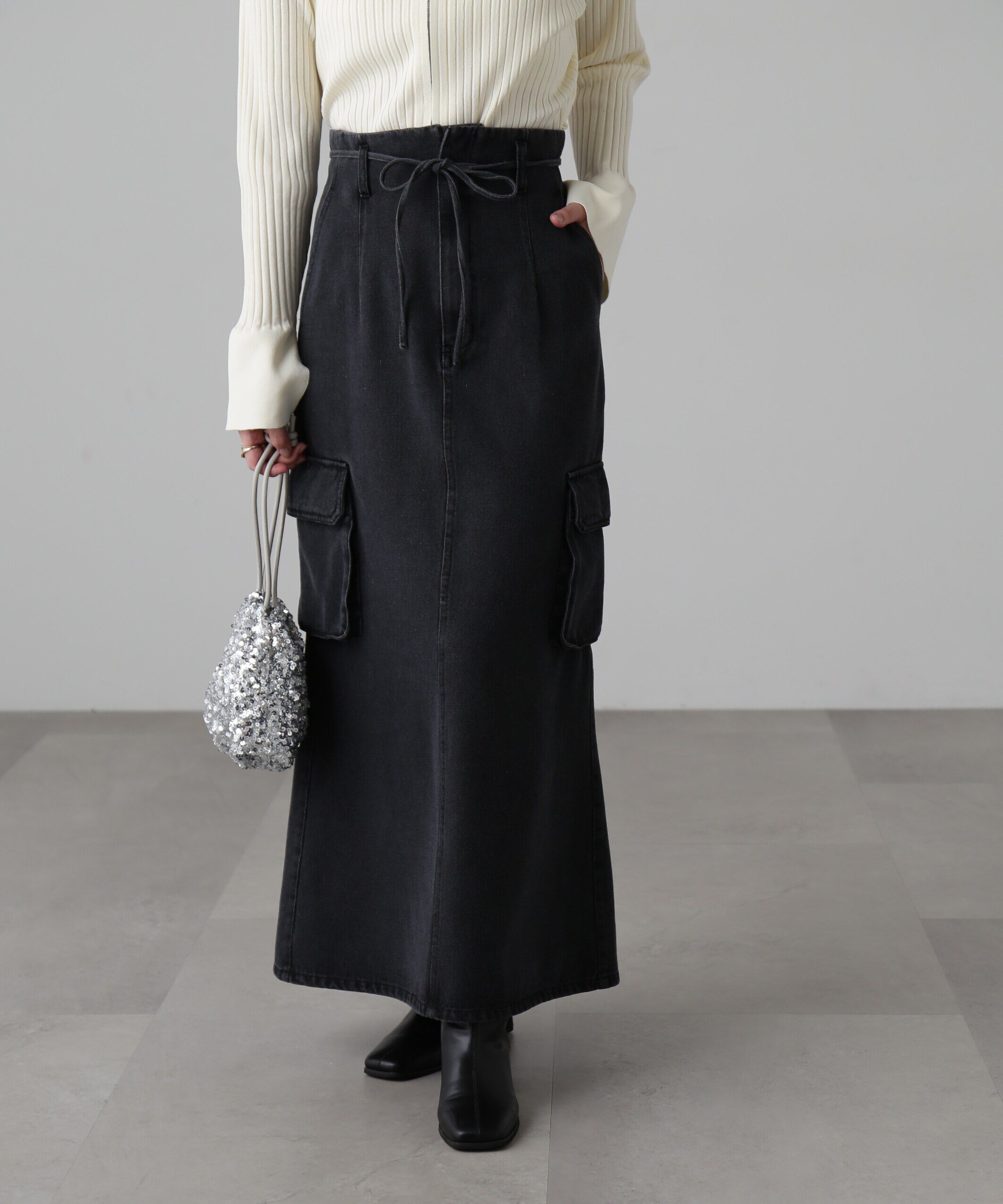  「[低身長サイズ/Sシリーズ]カーゴデニムナロースカート」|スカート|ブラック1