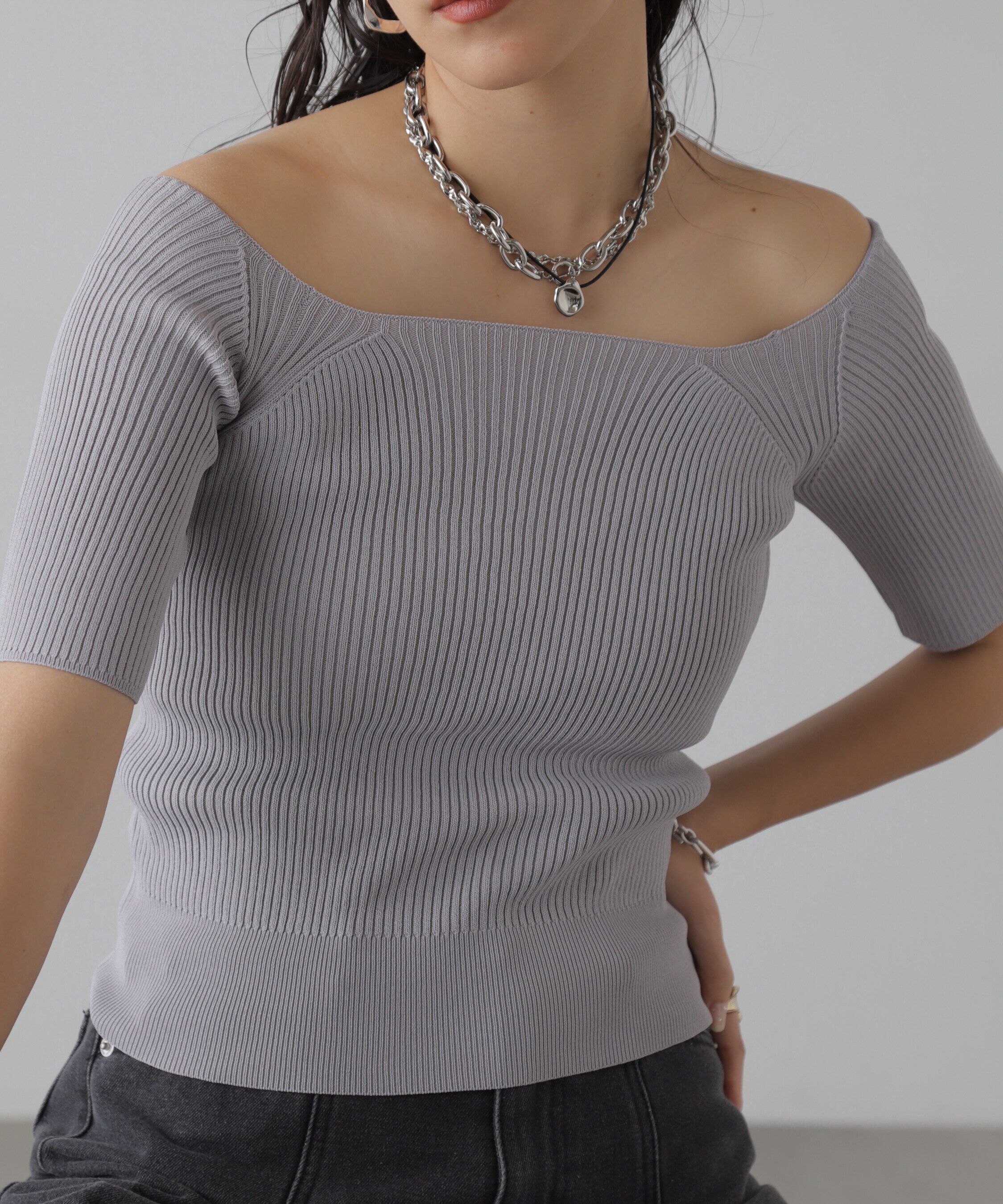  「コンパクトオフショルリブニット」|ニット・セーター|グレー