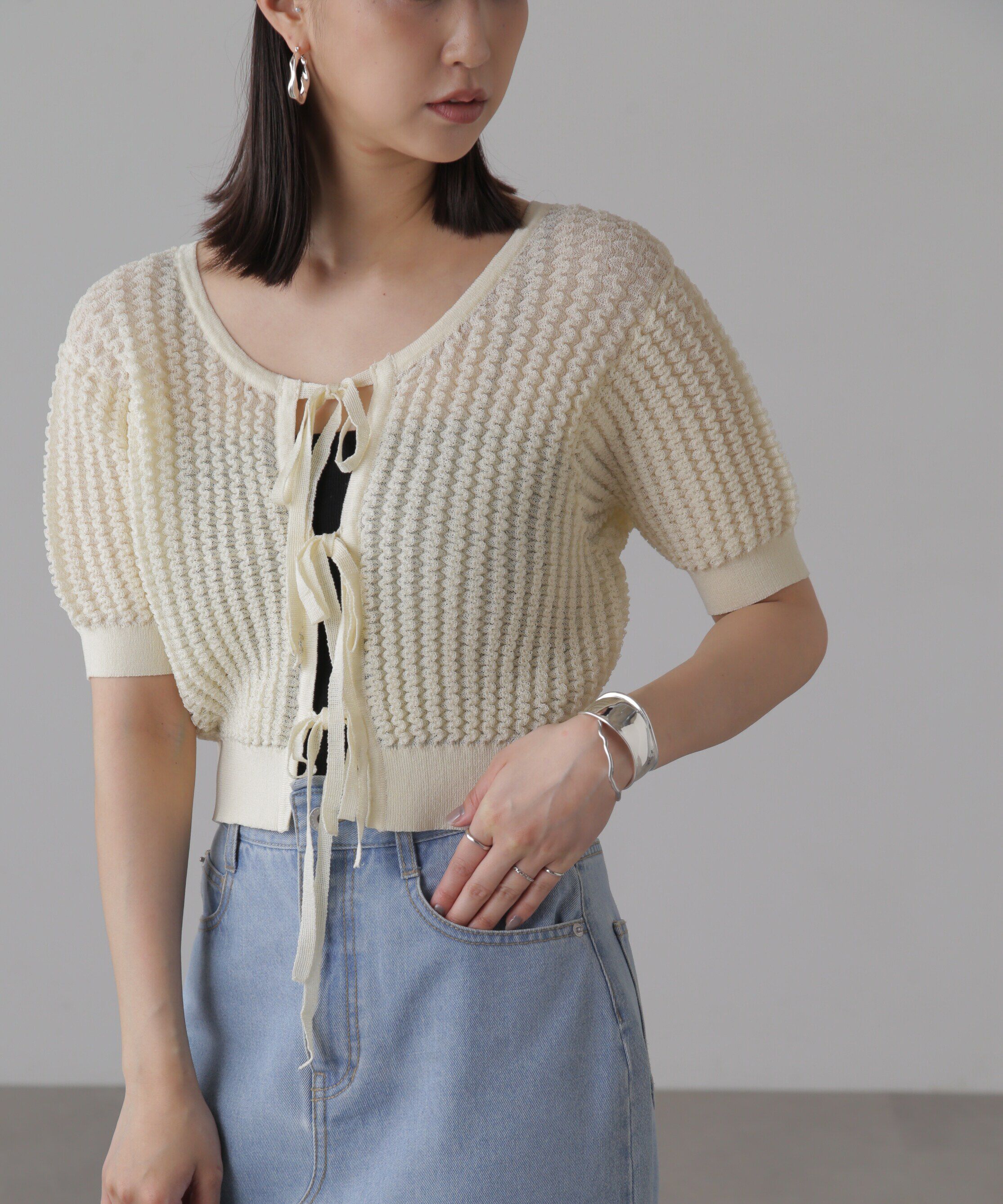  「ウェーブ柄2wayニットカーディガン」|ニット・セーター|オフ