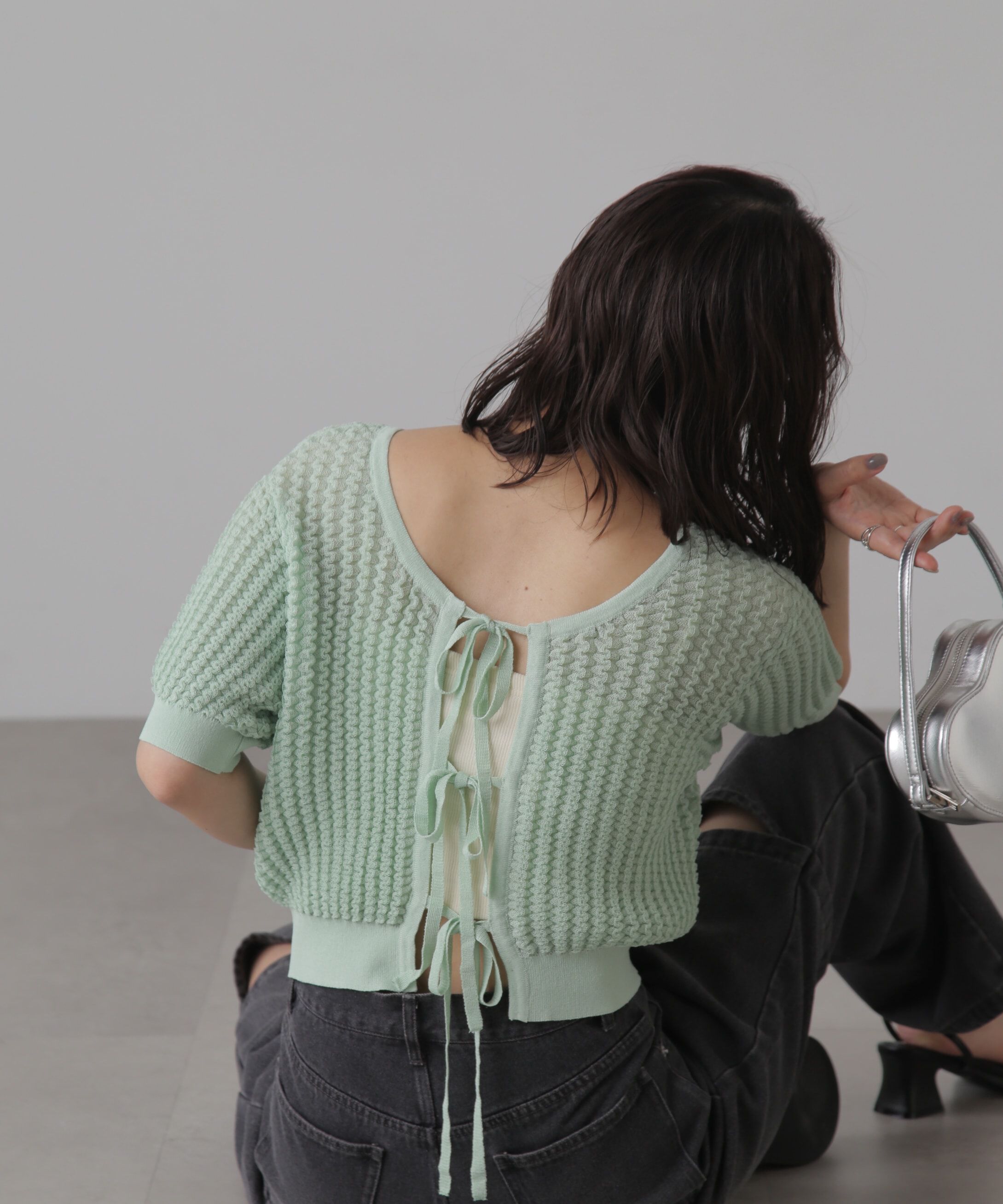  「ウェーブ柄2wayニットカーディガン」|ニット・セーター|ライトグリー