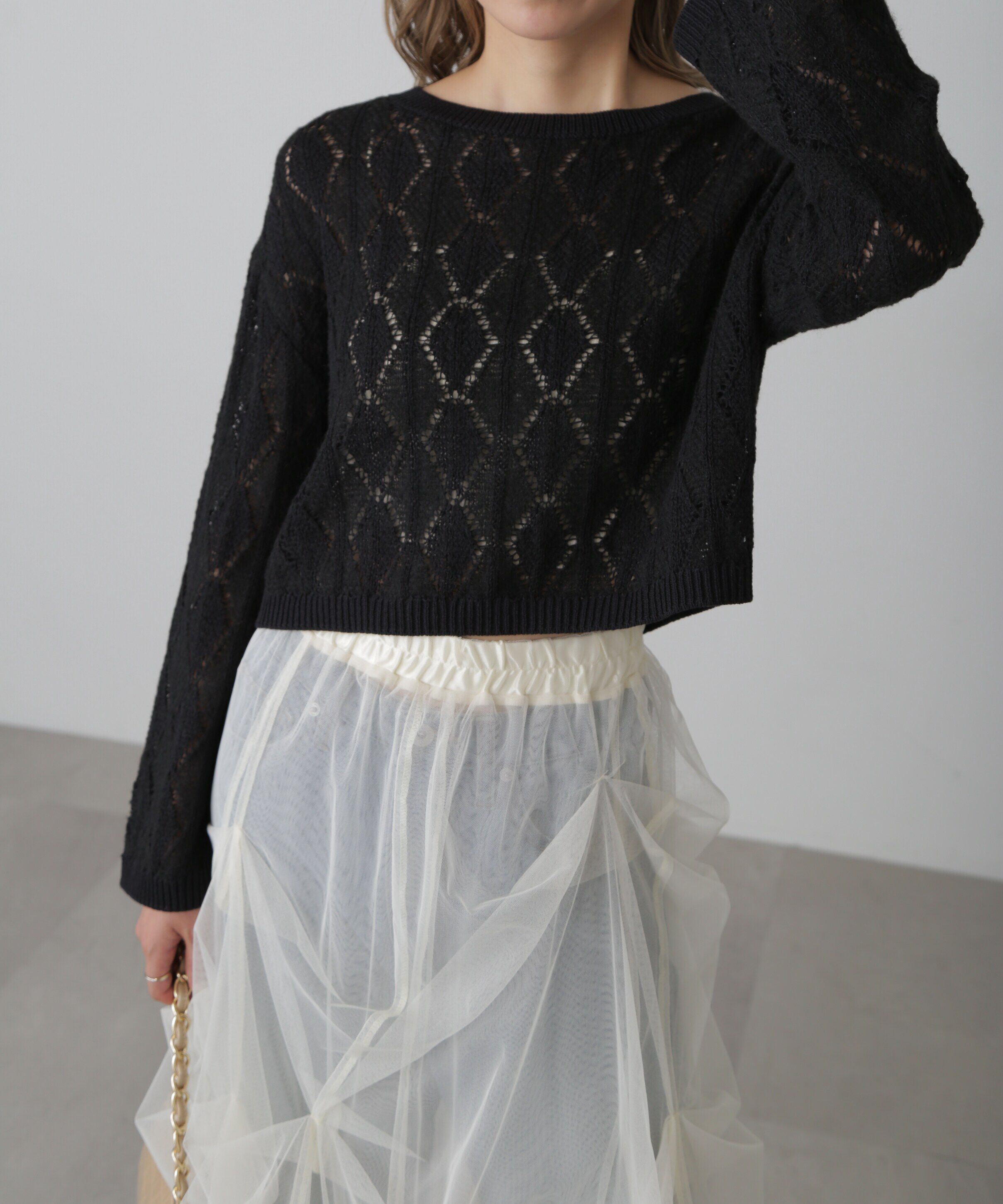  「ダイヤ柄透かし編みニット」|ニット・セーター|ブラック