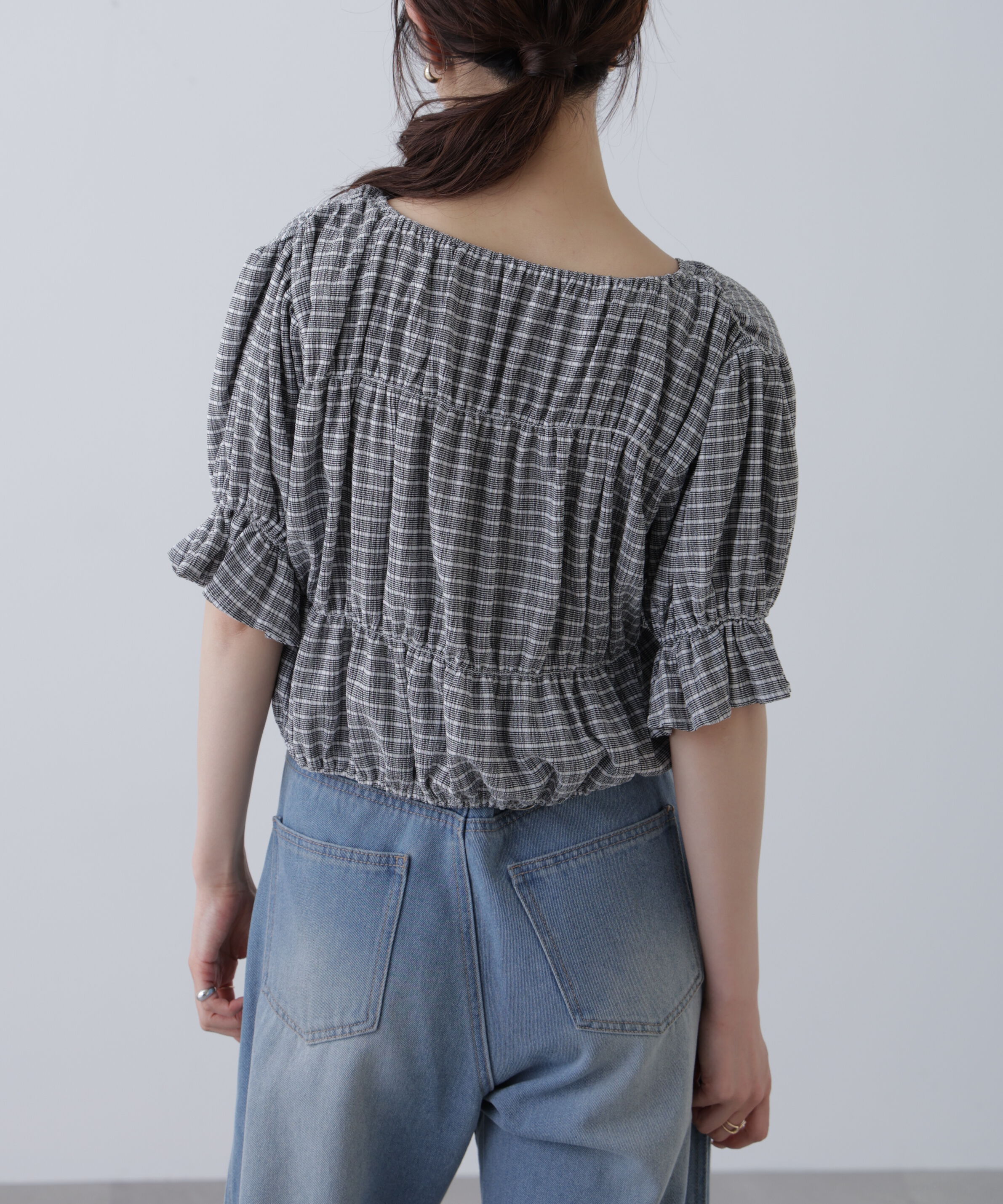  「シアーギャザー前開き短丈半袖ブラウス」|シャツ・ブラウス|