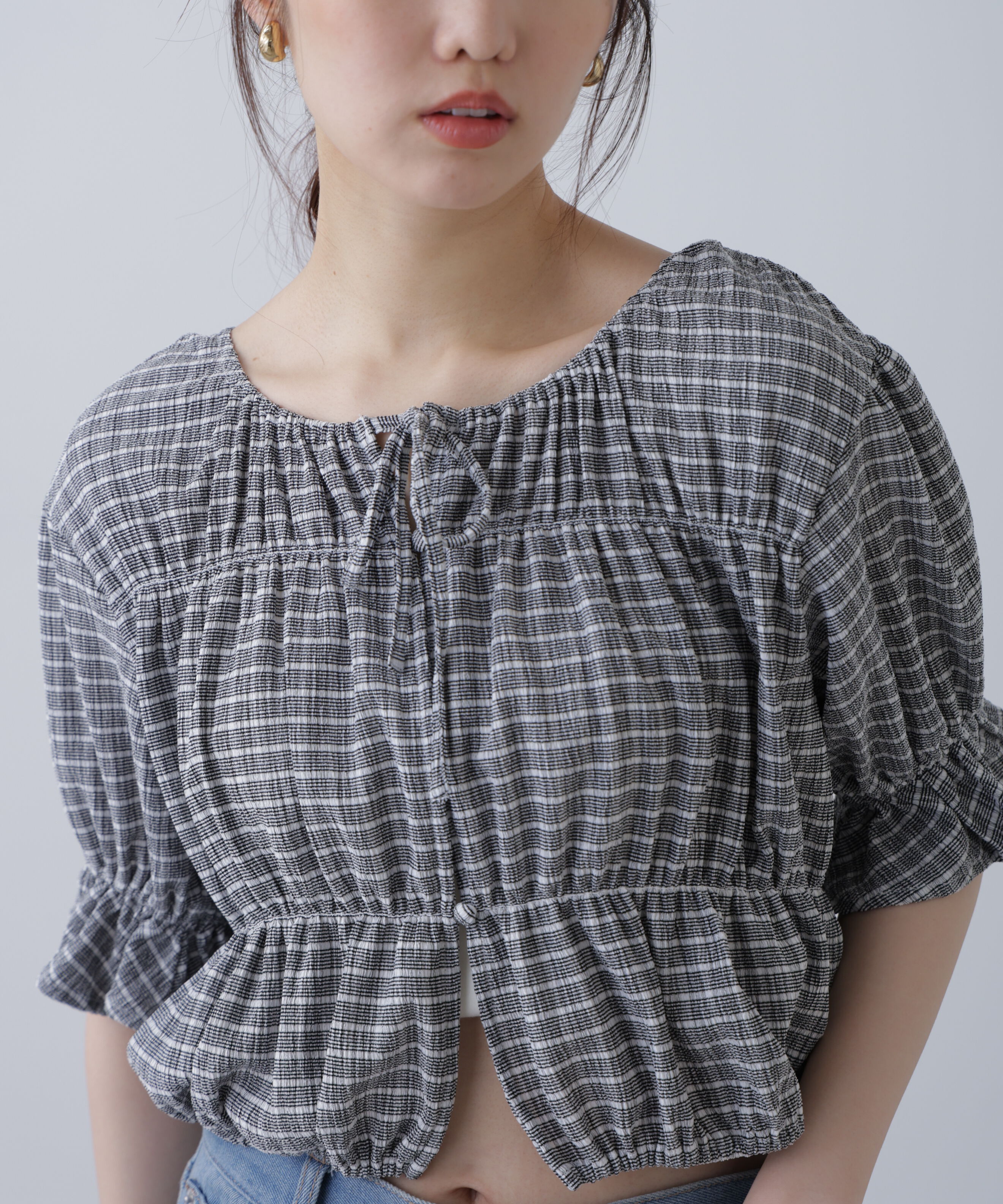  「シアーギャザー前開き短丈半袖ブラウス」|シャツ・ブラウス|