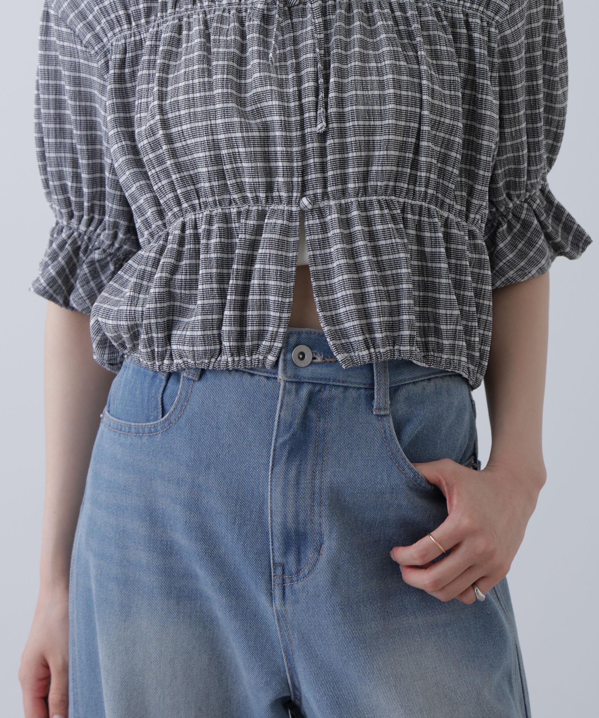  「シアーギャザー前開き短丈半袖ブラウス」|シャツ・ブラウス|