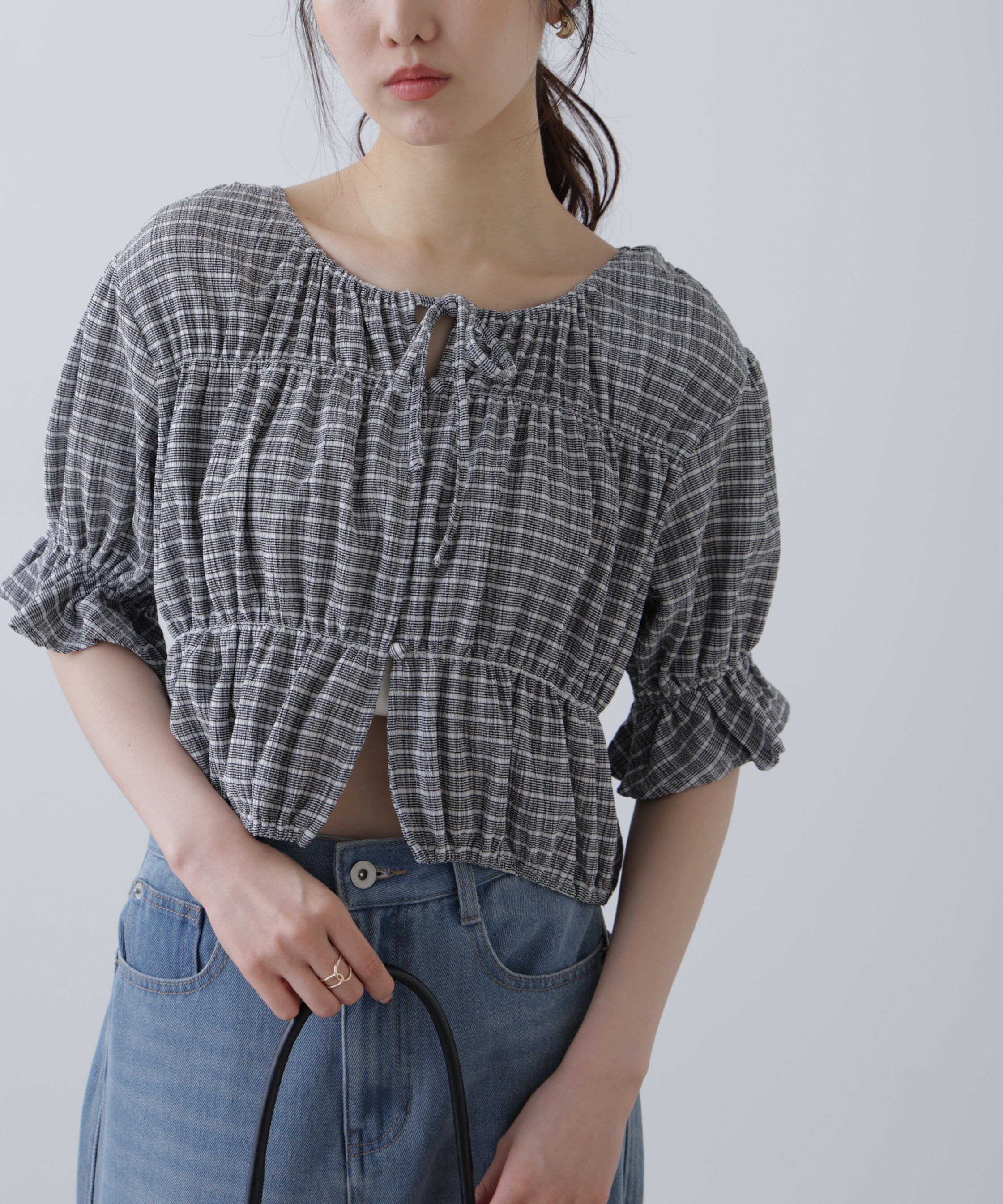  「シアーギャザー前開き短丈半袖ブラウス」|シャツ・ブラウス|