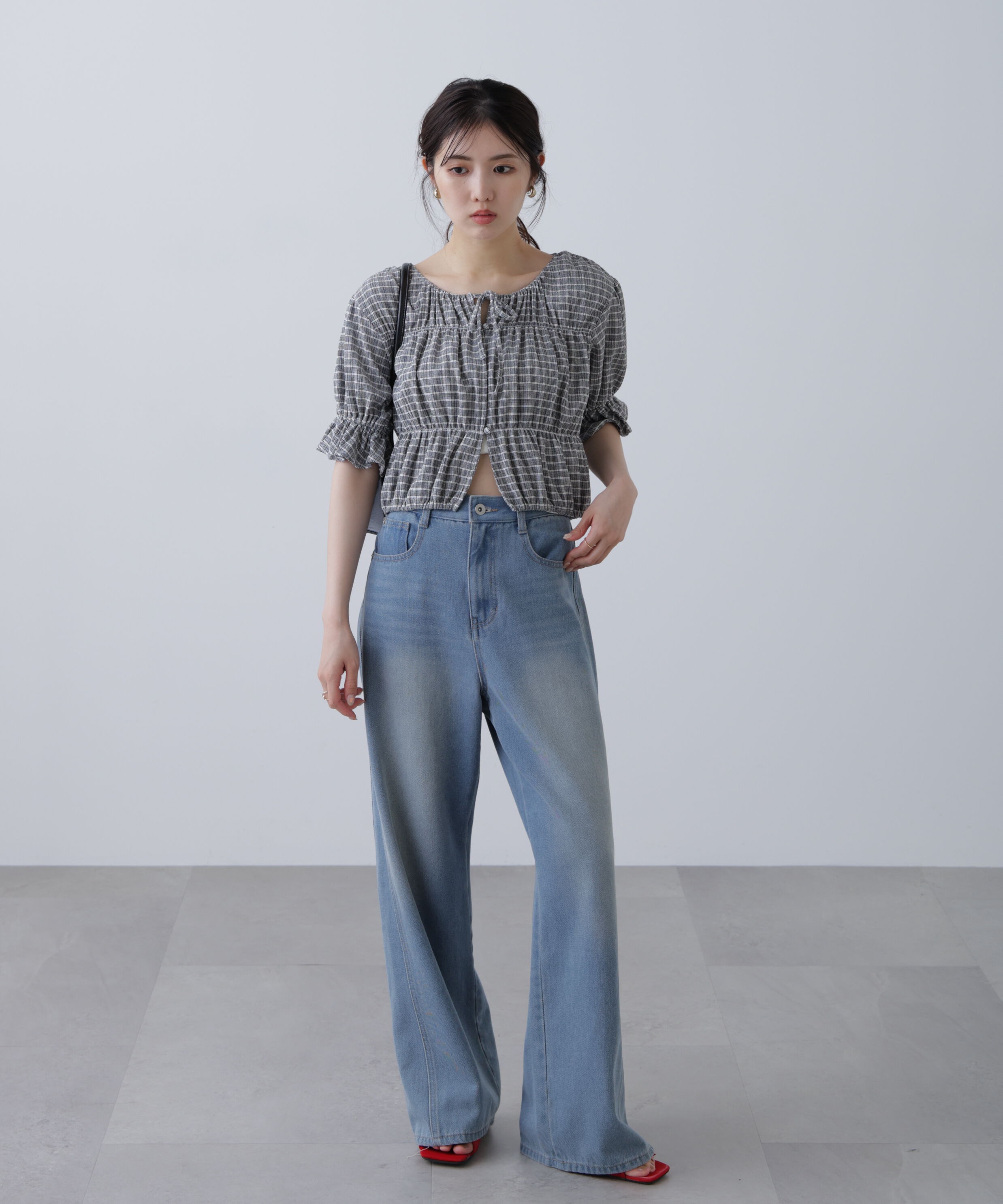  「シアーギャザー前開き短丈半袖ブラウス」|シャツ・ブラウス|