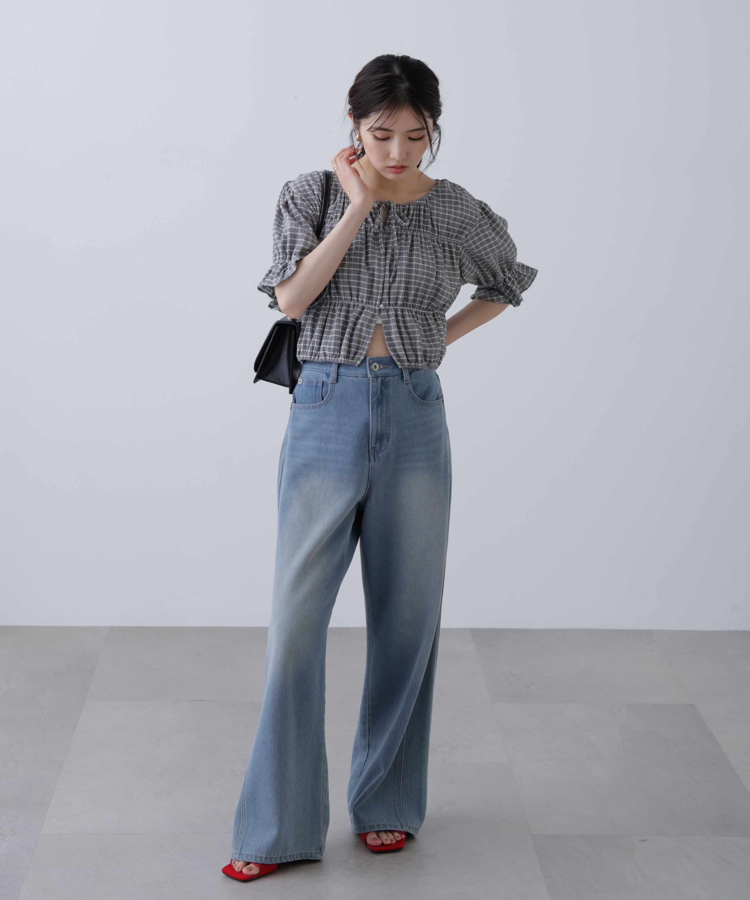  「シアーギャザー前開き短丈半袖ブラウス」|シャツ・ブラウス|