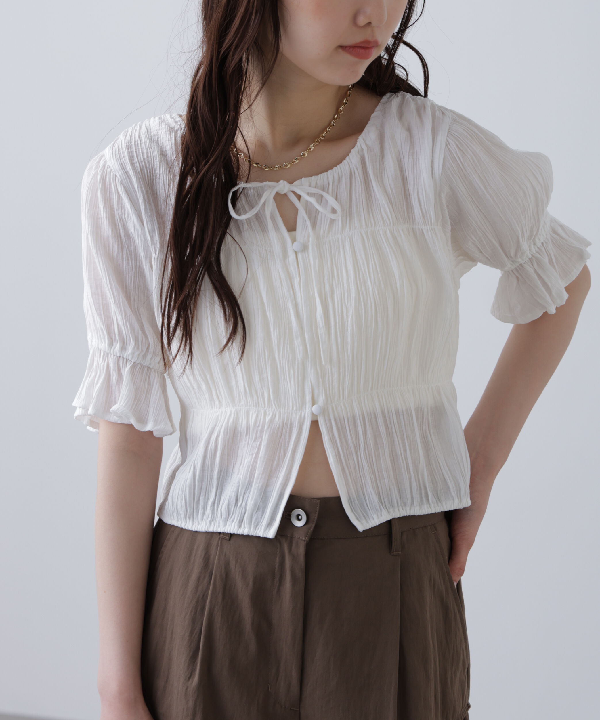  「シアーギャザー前開き短丈半袖ブラウス」|シャツ・ブラウス|