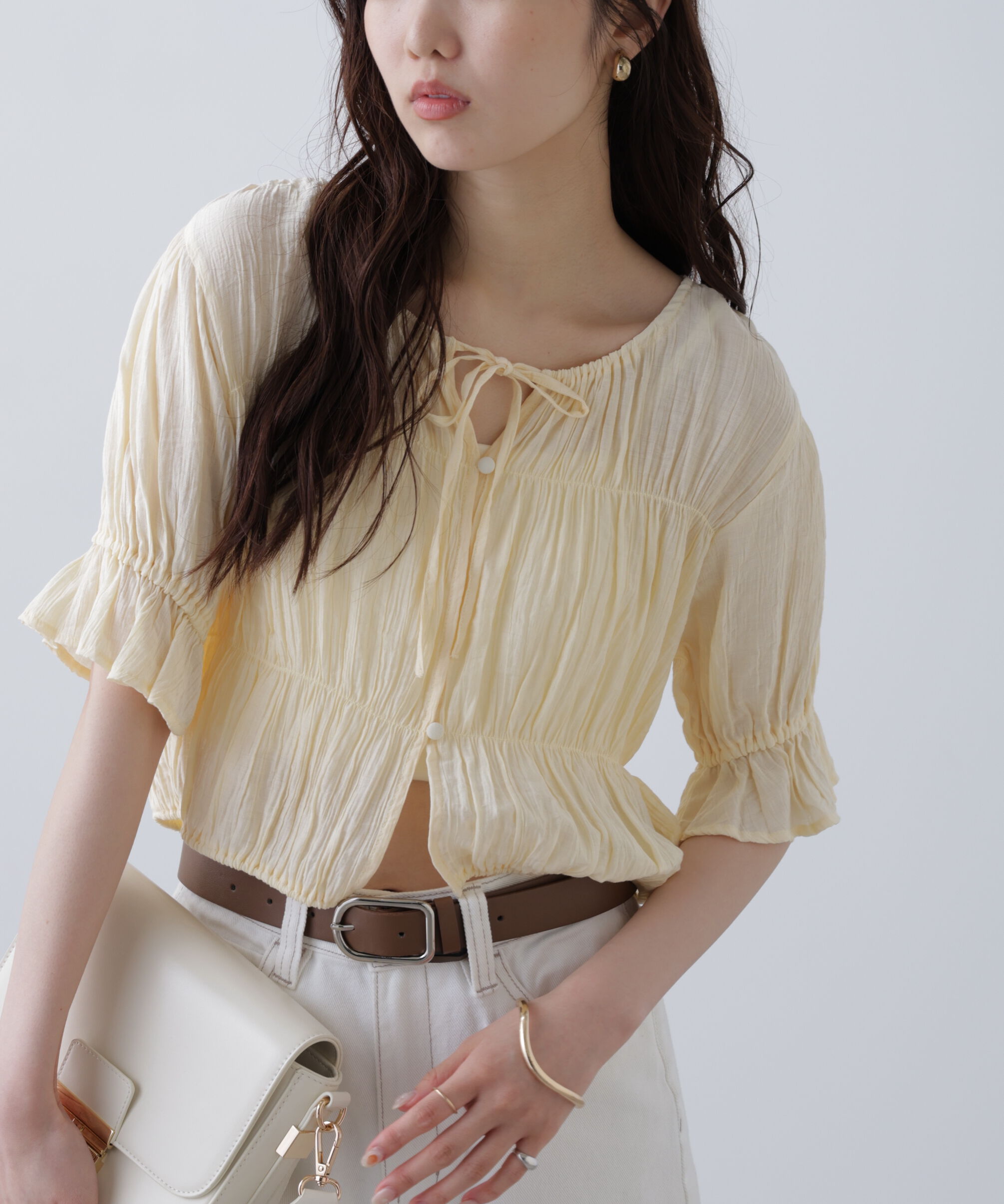  「シアーギャザー前開き短丈半袖ブラウス」|シャツ・ブラウス|