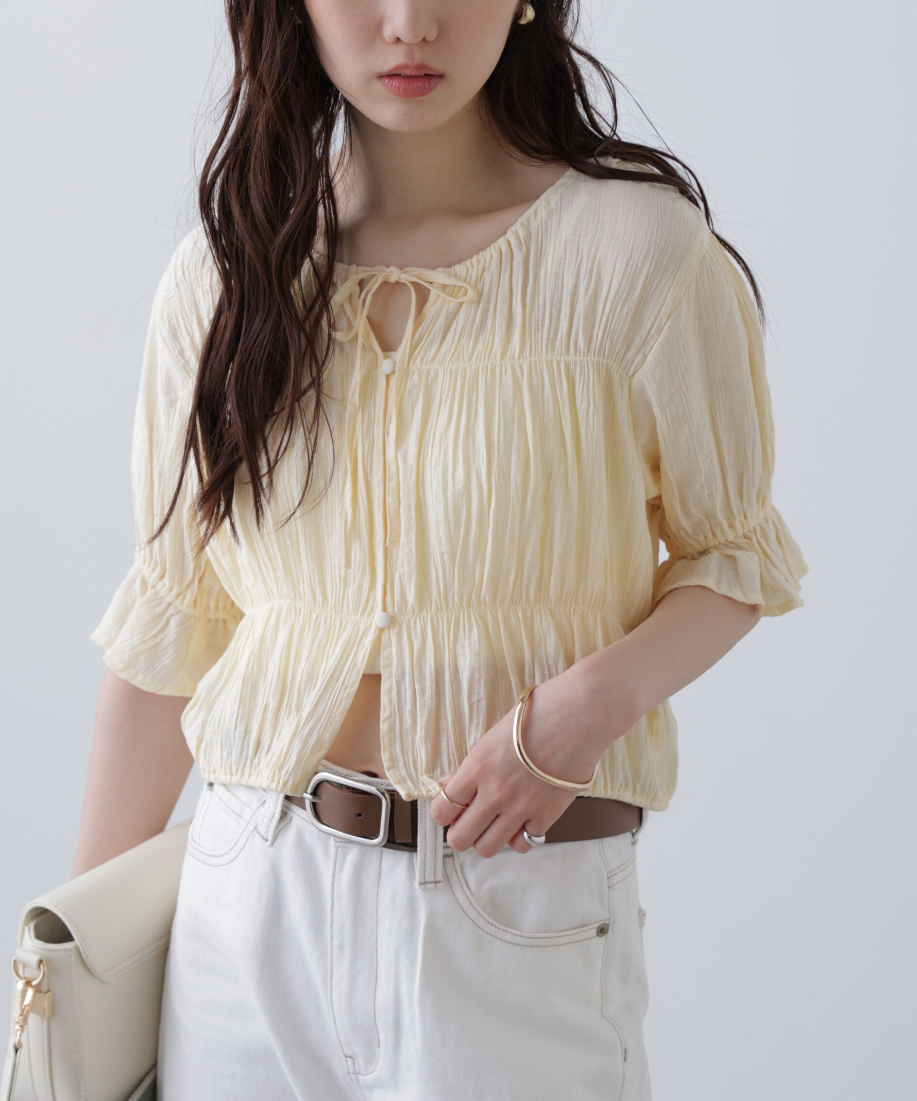  「シアーギャザー前開き短丈半袖ブラウス」|シャツ・ブラウス|