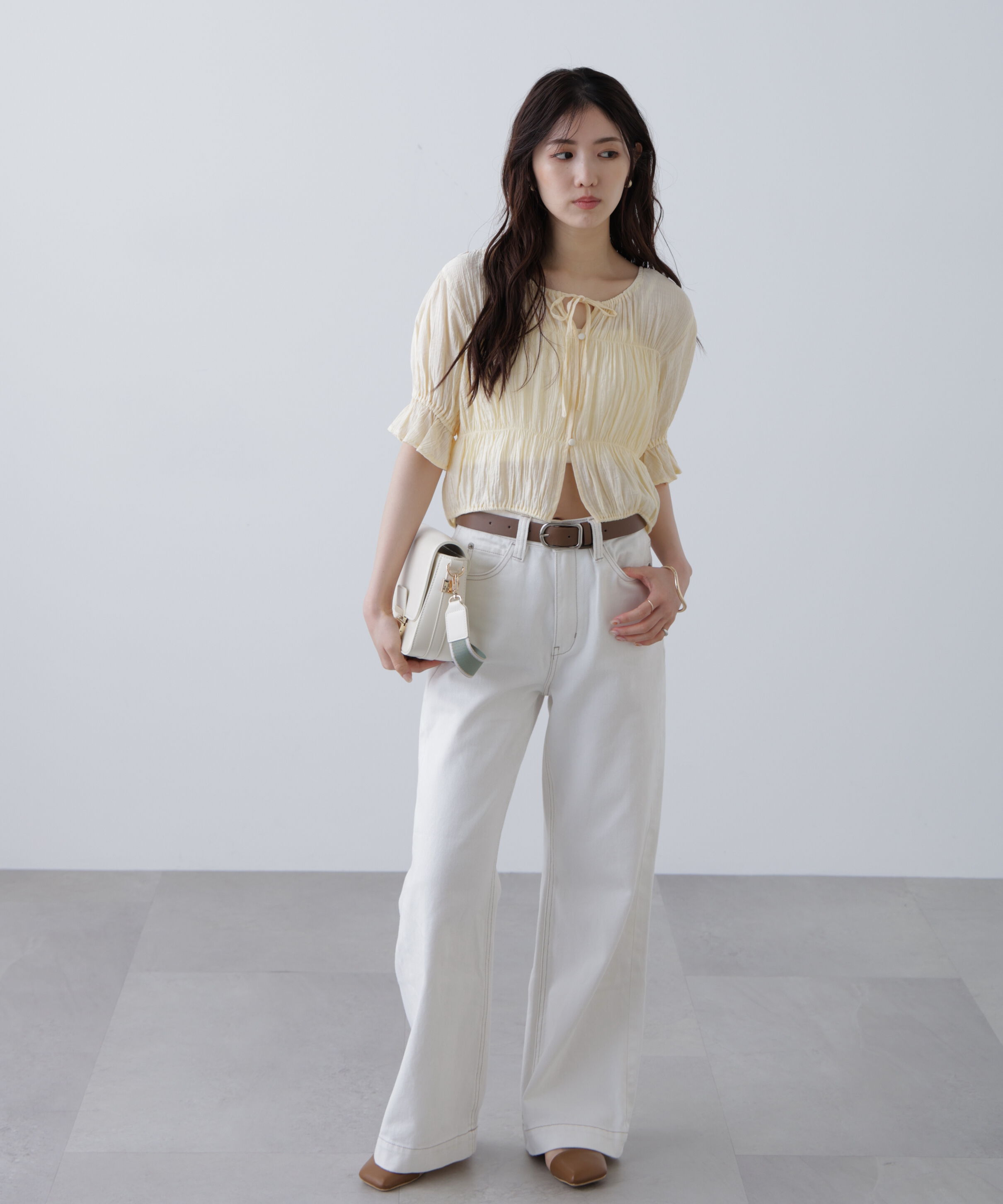  「シアーギャザー前開き短丈半袖ブラウス」|シャツ・ブラウス|