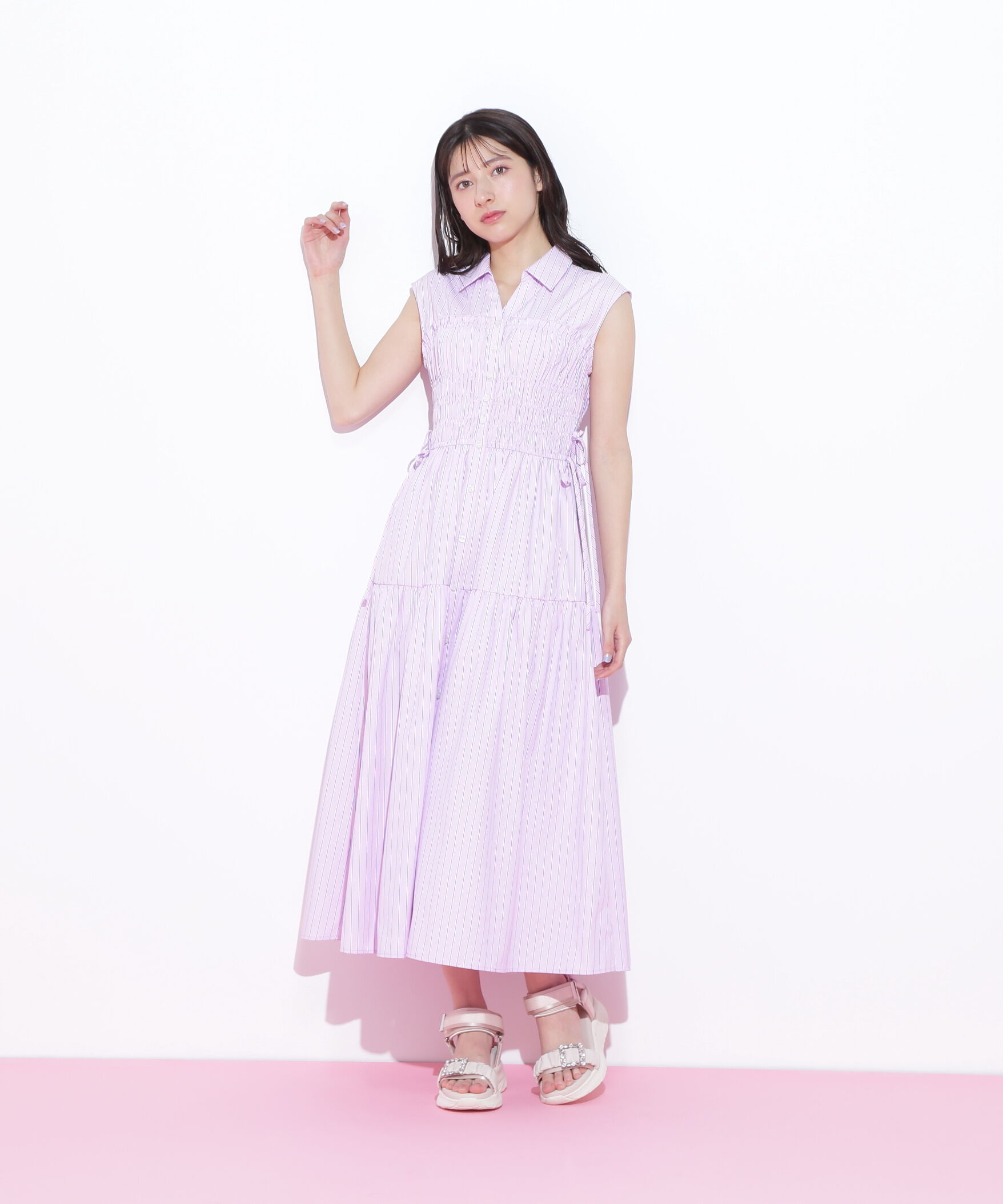  「ウエストシャーリングストライプシャツワンピース」|ワンピース|