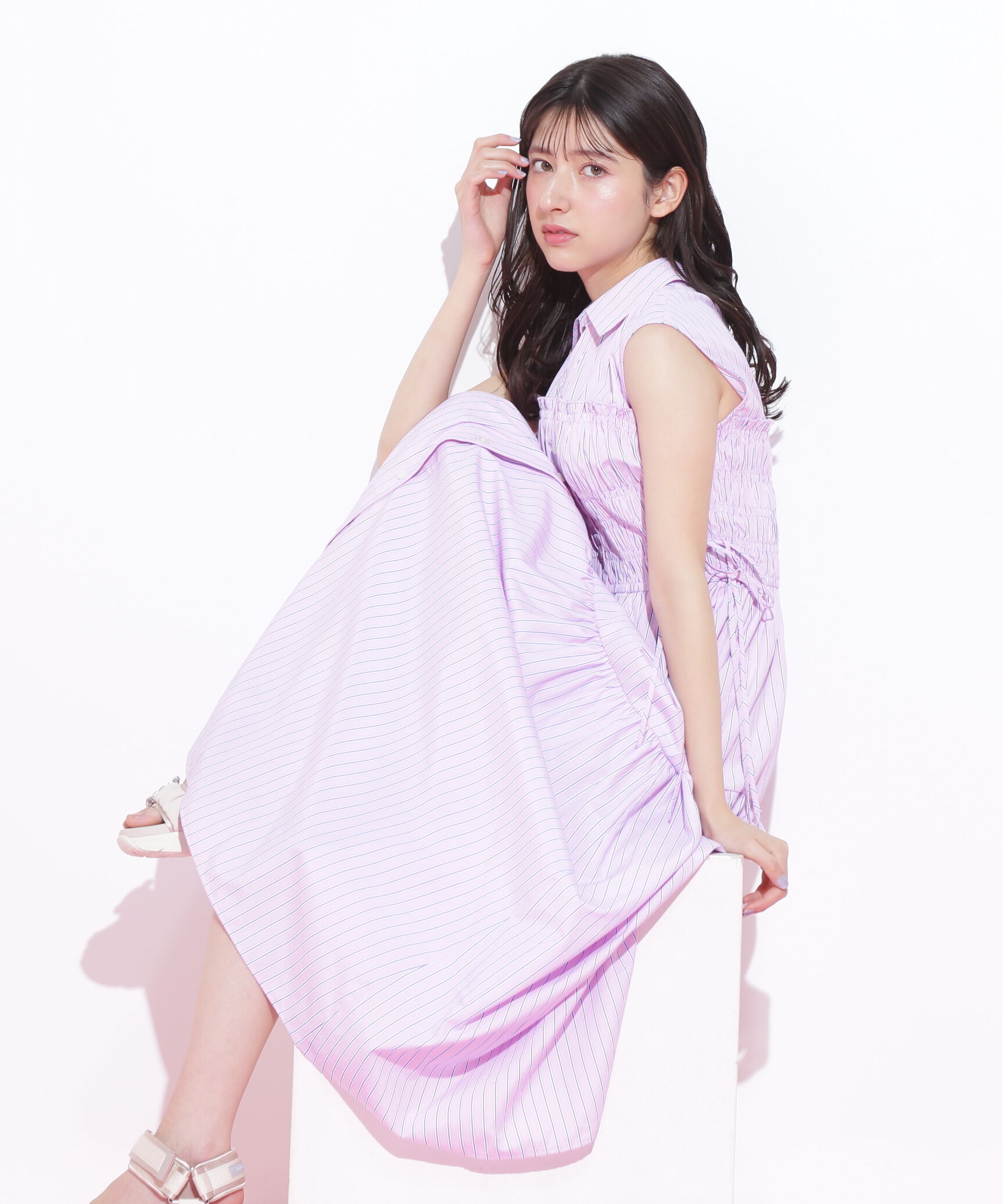  「ウエストシャーリングストライプシャツワンピース」|ワンピース|