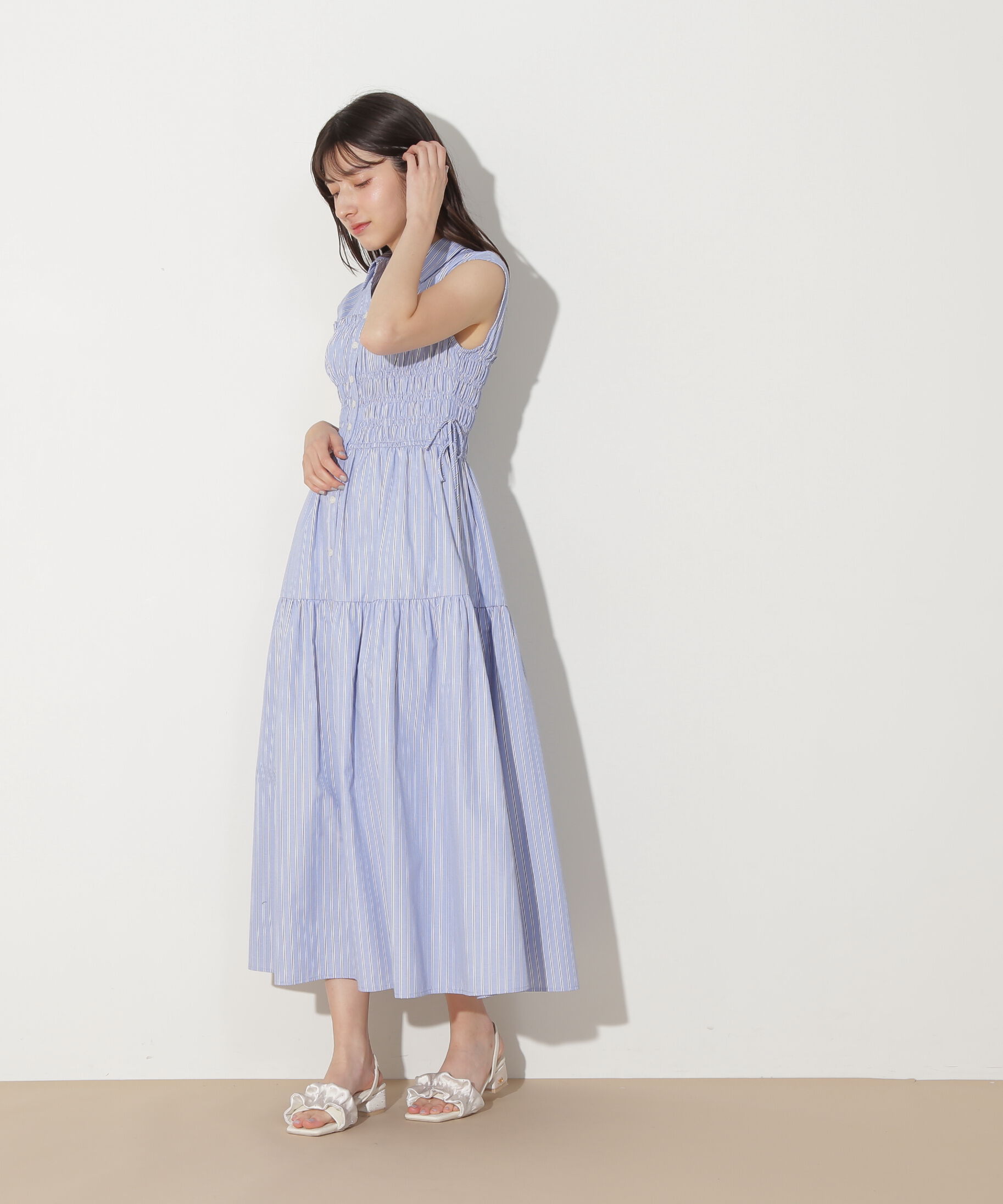  「ウエストシャーリングストライプシャツワンピース」|ワンピース|