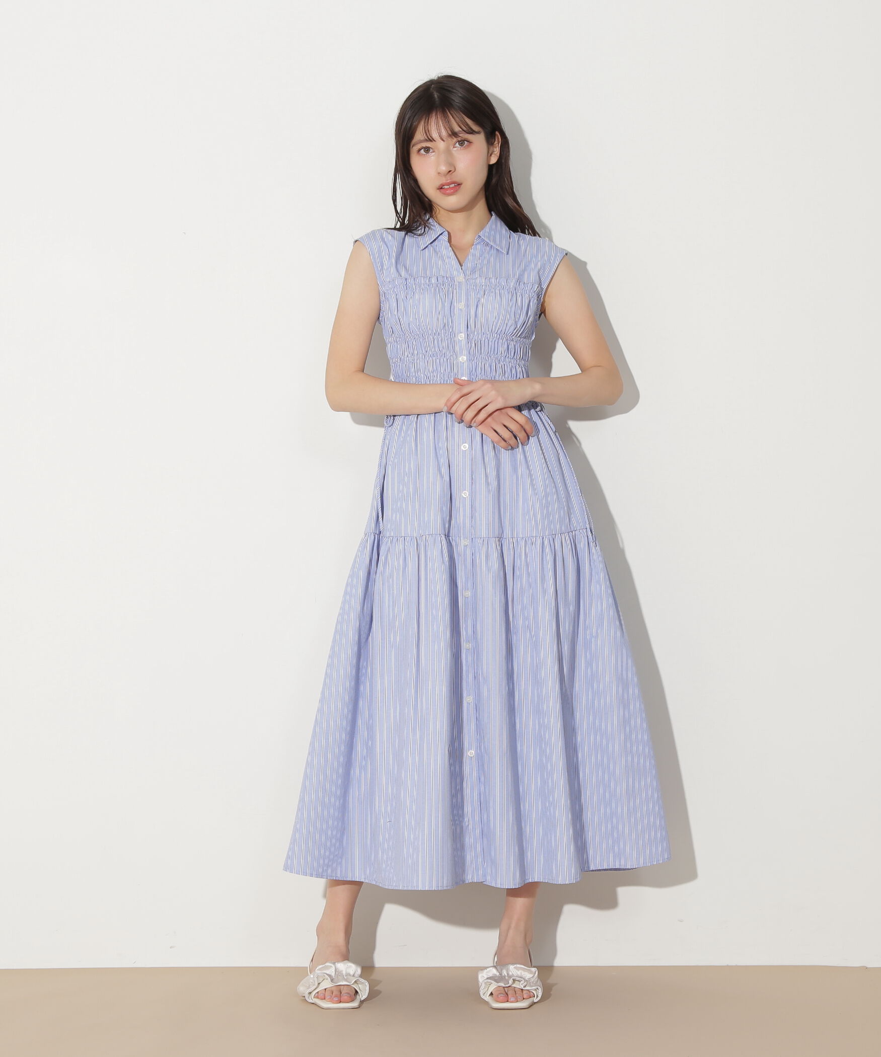  「ウエストシャーリングストライプシャツワンピース」|ワンピース|
