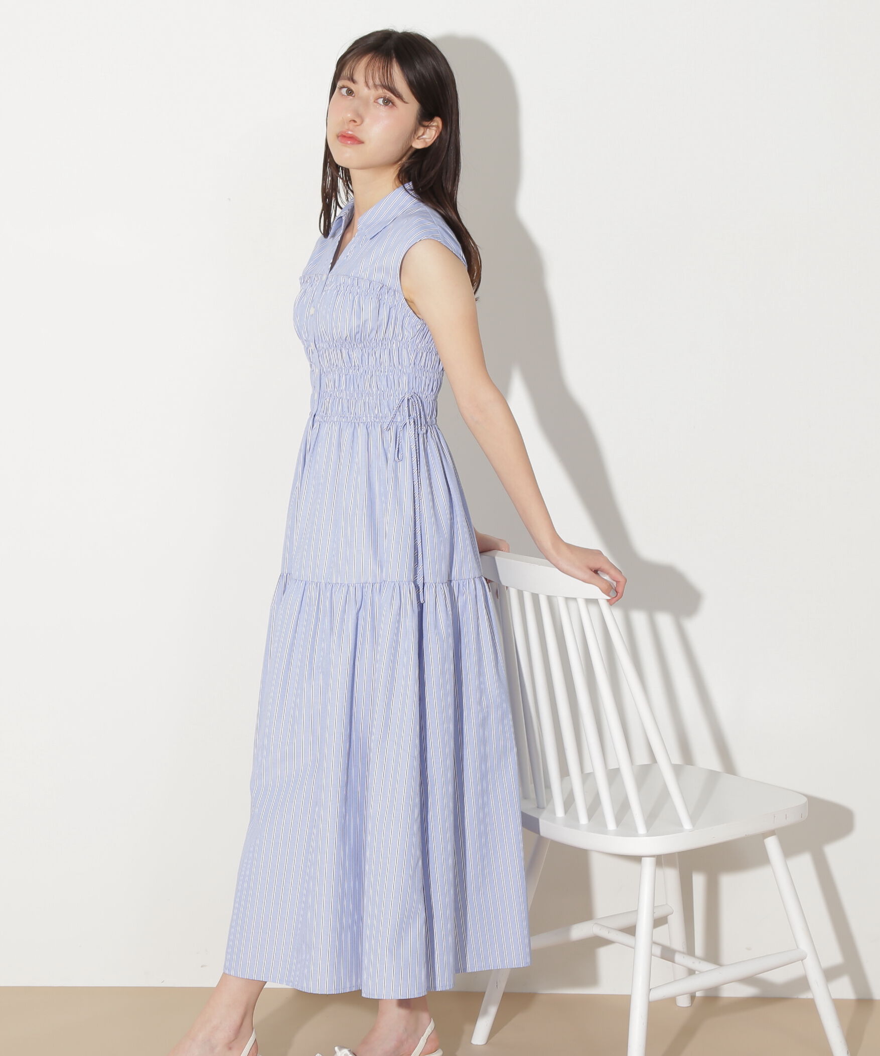  「ウエストシャーリングストライプシャツワンピース」|ワンピース|