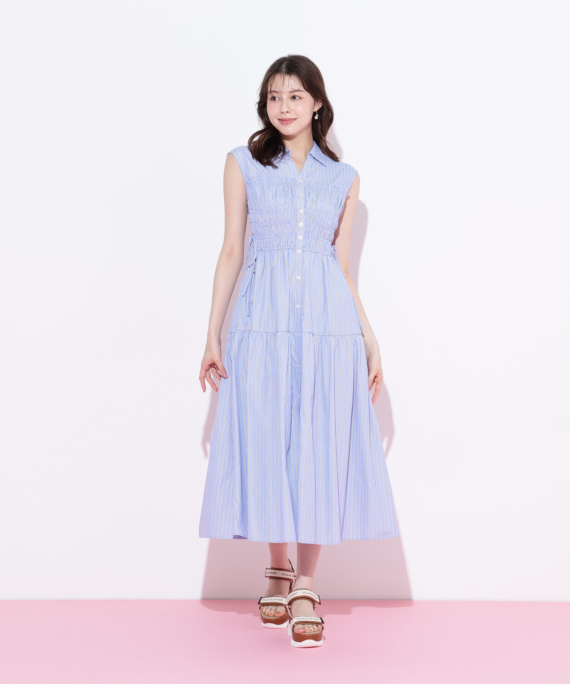  「ウエストシャーリングストライプシャツワンピース」|ワンピース|