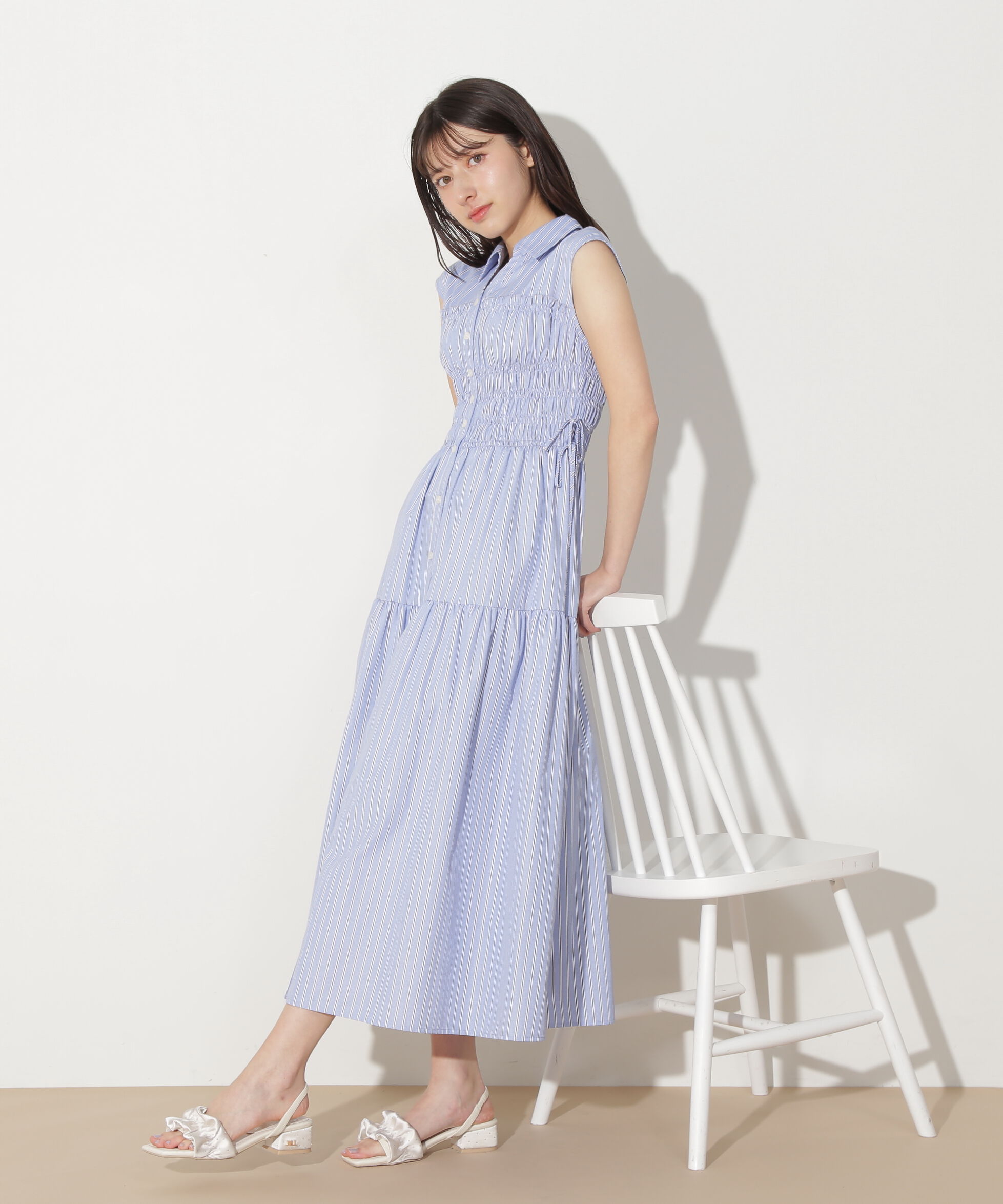  「ウエストシャーリングストライプシャツワンピース」|ワンピース|