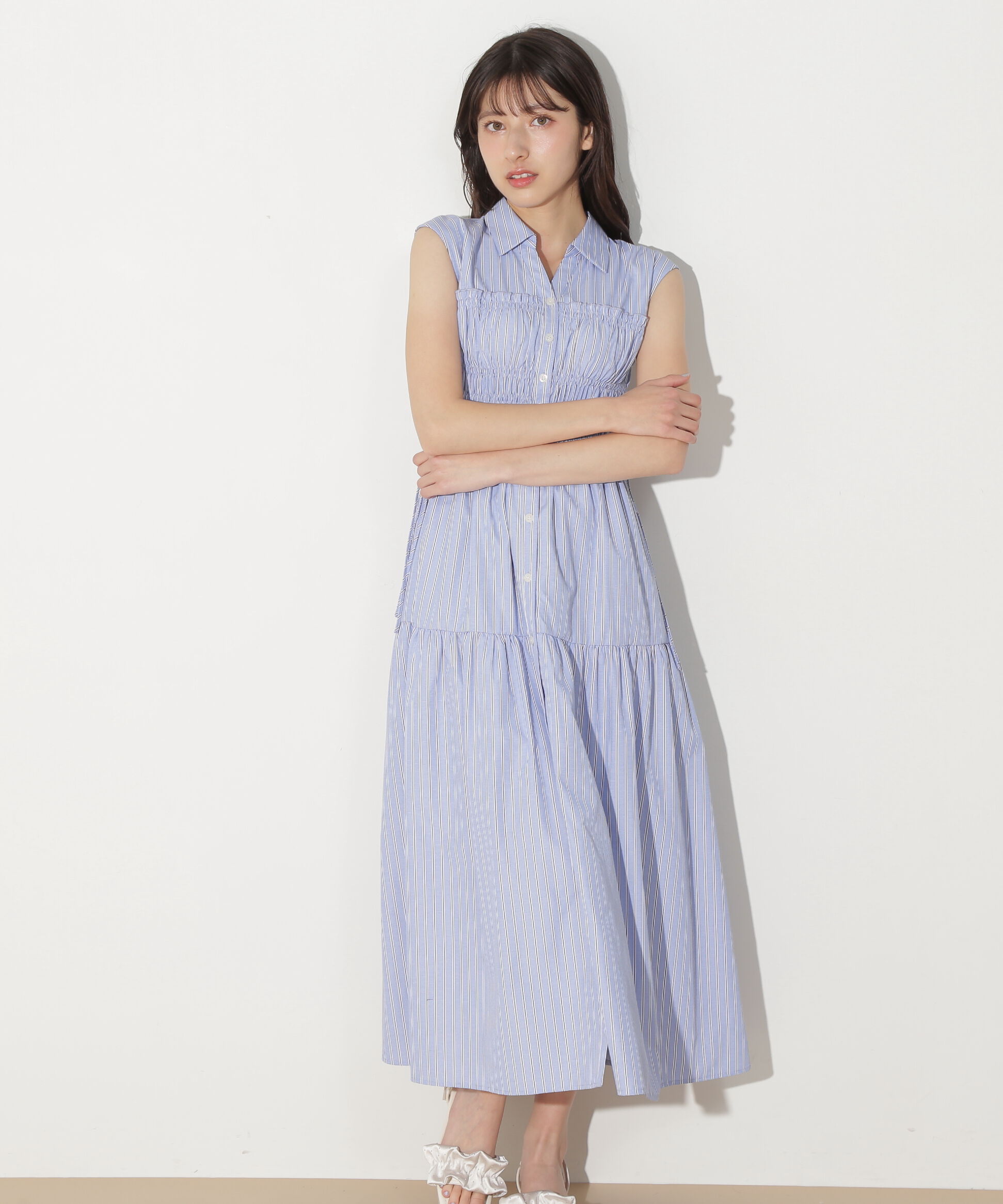  「ウエストシャーリングストライプシャツワンピース」|ワンピース|