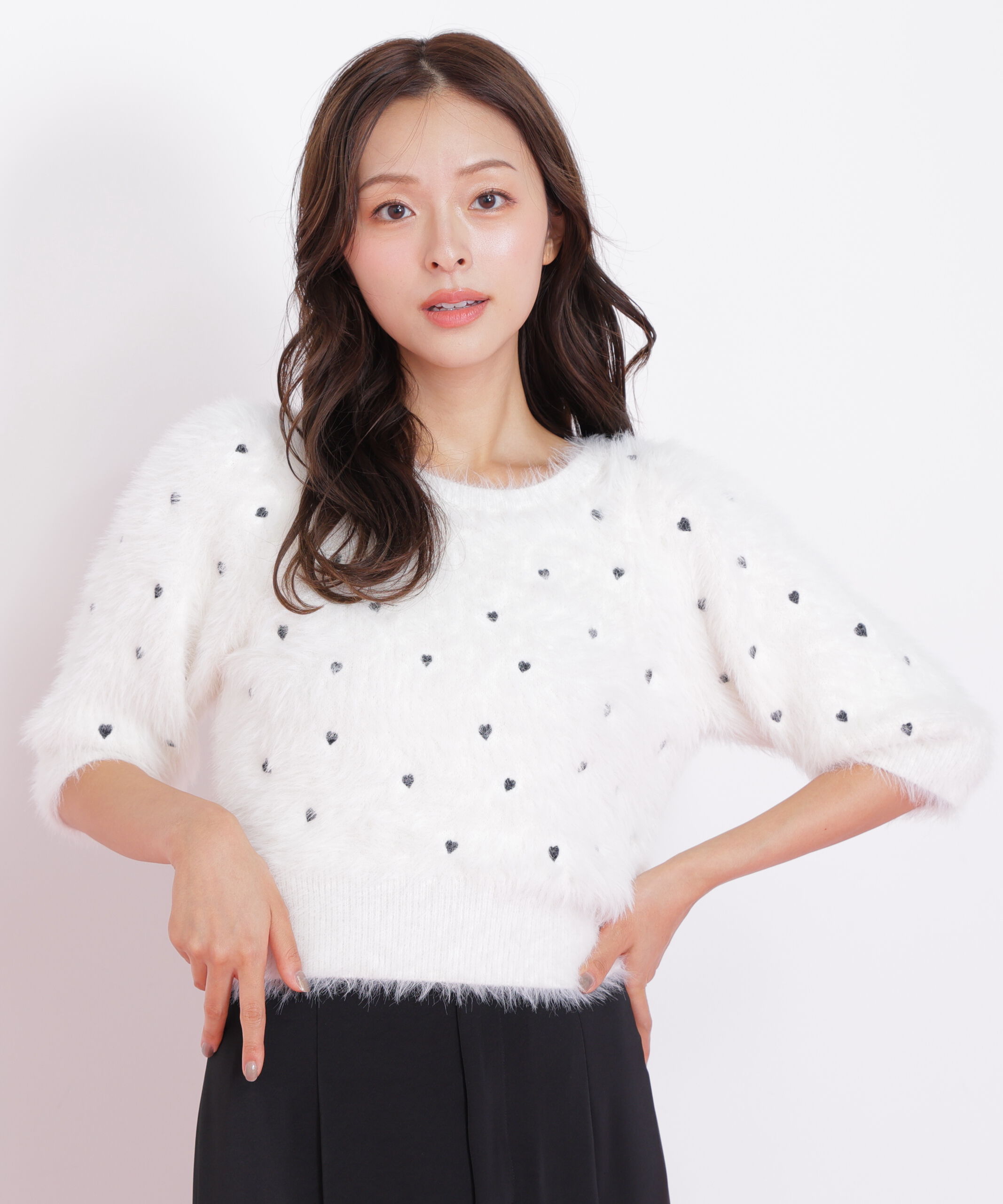  「ハート刺繍シャギーニット」|ニット・セーター|ホワイト