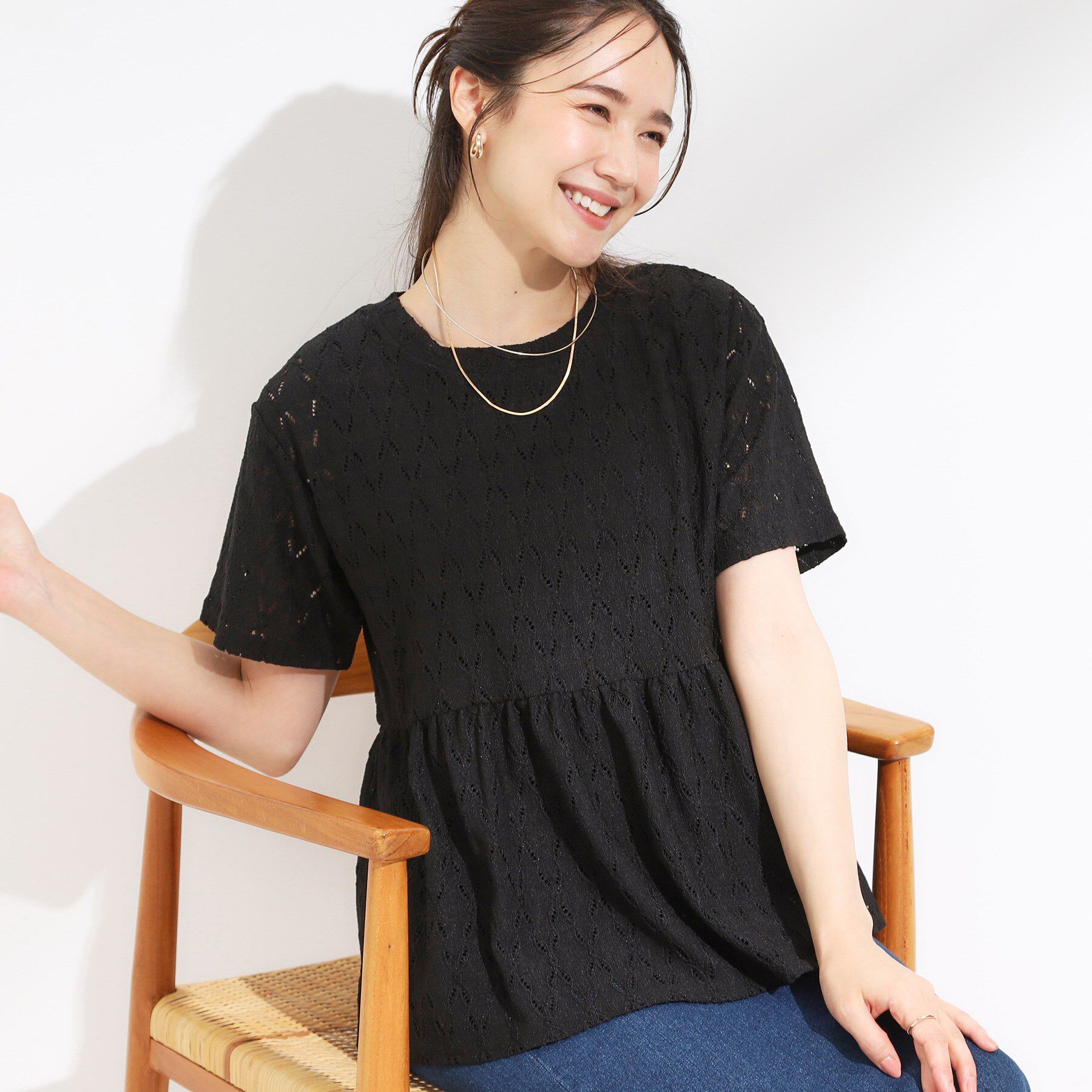 SHOO･LA･RUE「【S-LL】インせず決まる レースペプラムトップス」|Tシャツ・カットソー|ブラック(019)