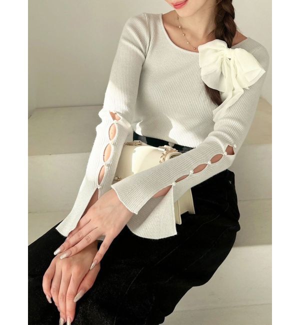 RESEXXY「スリーブデザインシャイニーニットトップス」|ニット・セーター|ホワイト