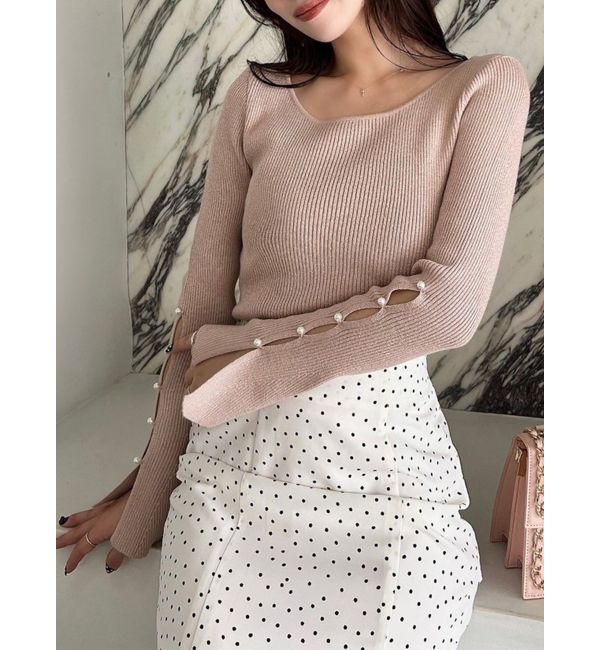 RESEXXY「スリーブデザインシャイニーニットトップス」|ニット・セーター|ピンク