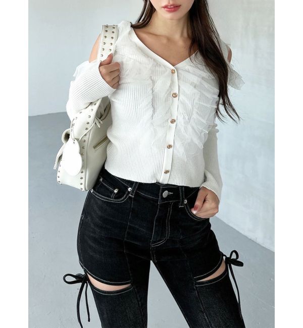 RESEXXY「シアーフリルニットトップス」|ニット・セーター|ホワイト