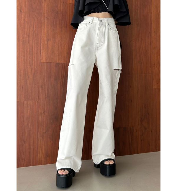 EMODA「サイドカットワイドルーズジーンズ」|デニム|ホワイト