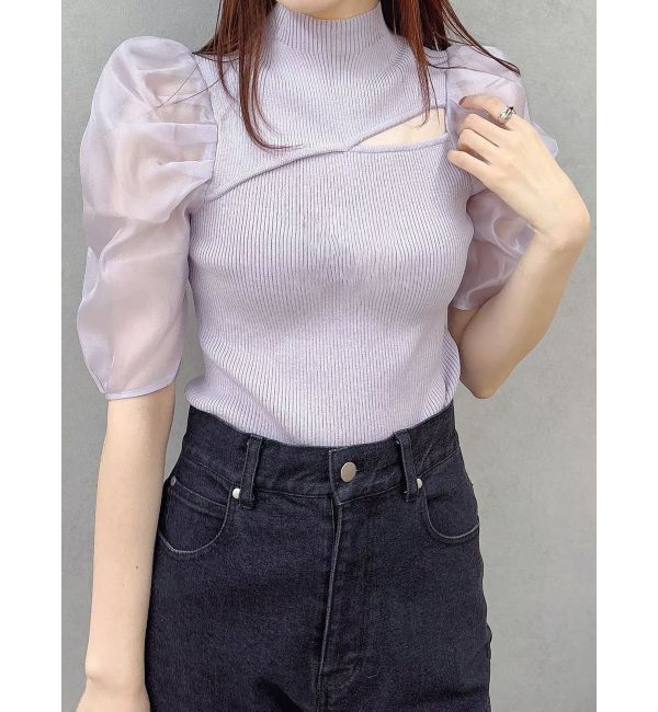 MERCURYDUO「2WAY異素材パフスリーブカットアウトニット」|ニット・セーター|ラベンダー