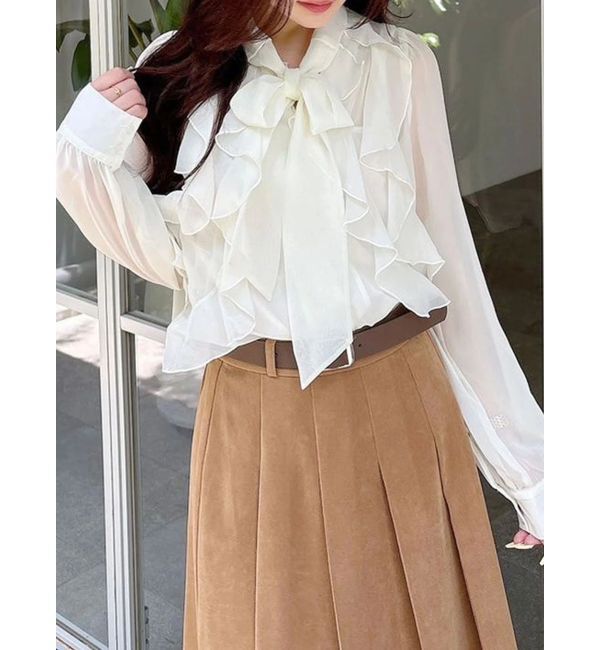 MERCURYDUO「シフォンラッフルフリルボウタイブラウス」|シャツ・ブラウス|オフホワイト