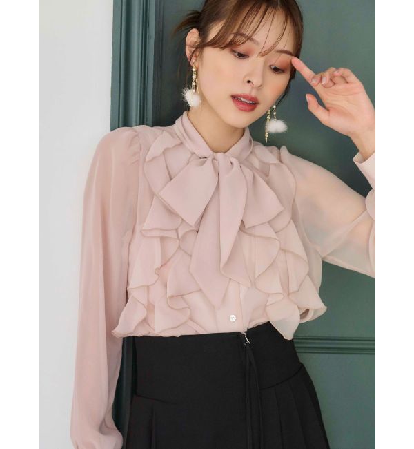 MERCURYDUO「シフォンラッフルフリルボウタイブラウス」|シャツ・ブラウス|ベビーピンク