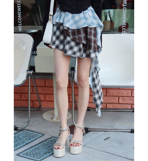 EVRIS「ランダムチェックアシンメトリーミニスカート」|スカート|