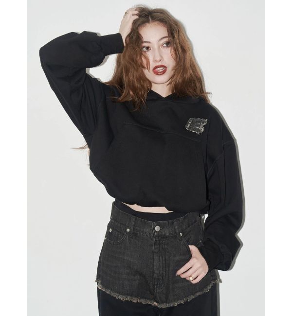 EVRIS「デニムワンポイントバルーンショートフーディ【セットアップ着用可能】」|パーカー|ブラック