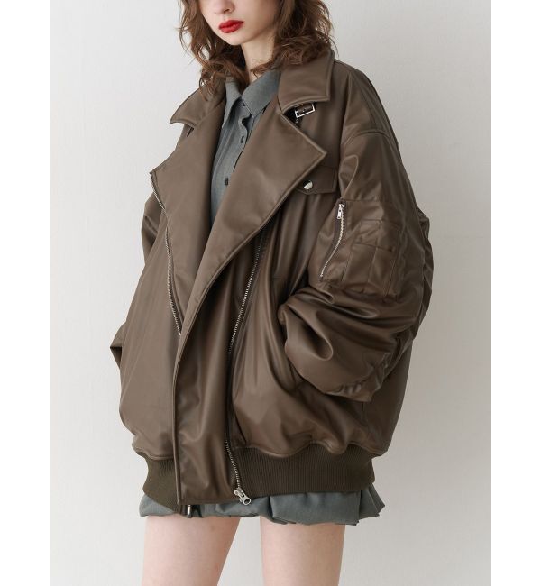 jouetie「フェイクレザーライダースMA-1ジャケット」|ブルゾン・スタジャン|ブラウン