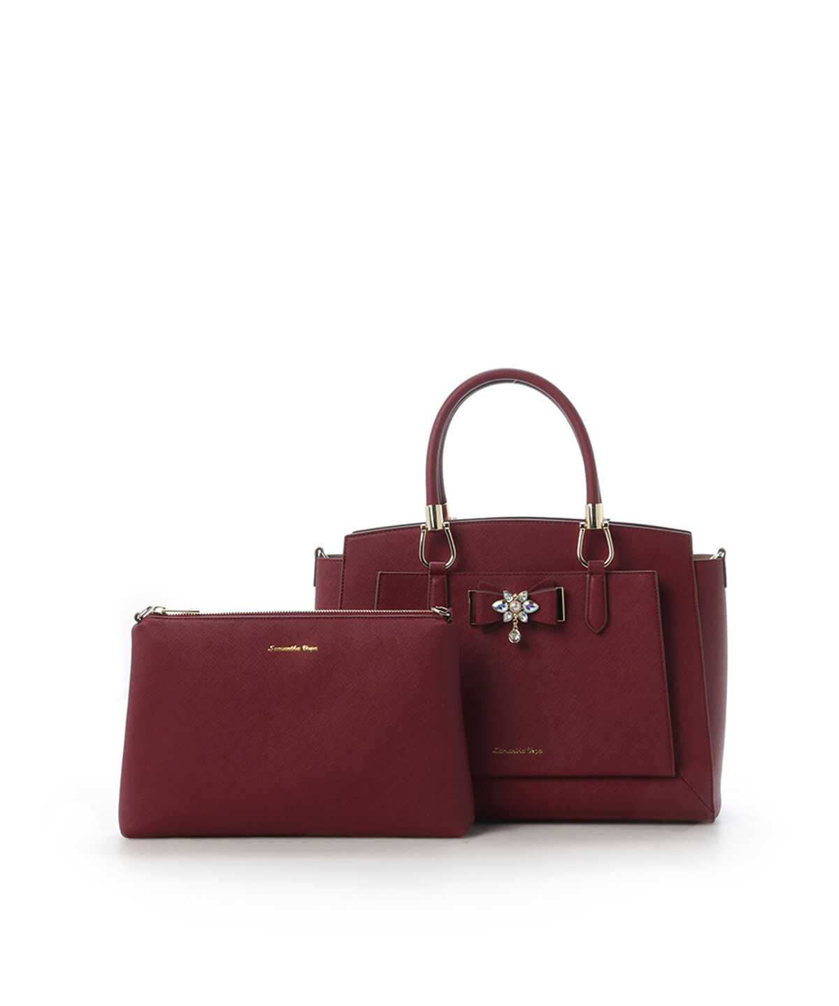 Samantha Vega「ビジュー＆リボン付トート 大」|ハンドバッグ|ワインレッド