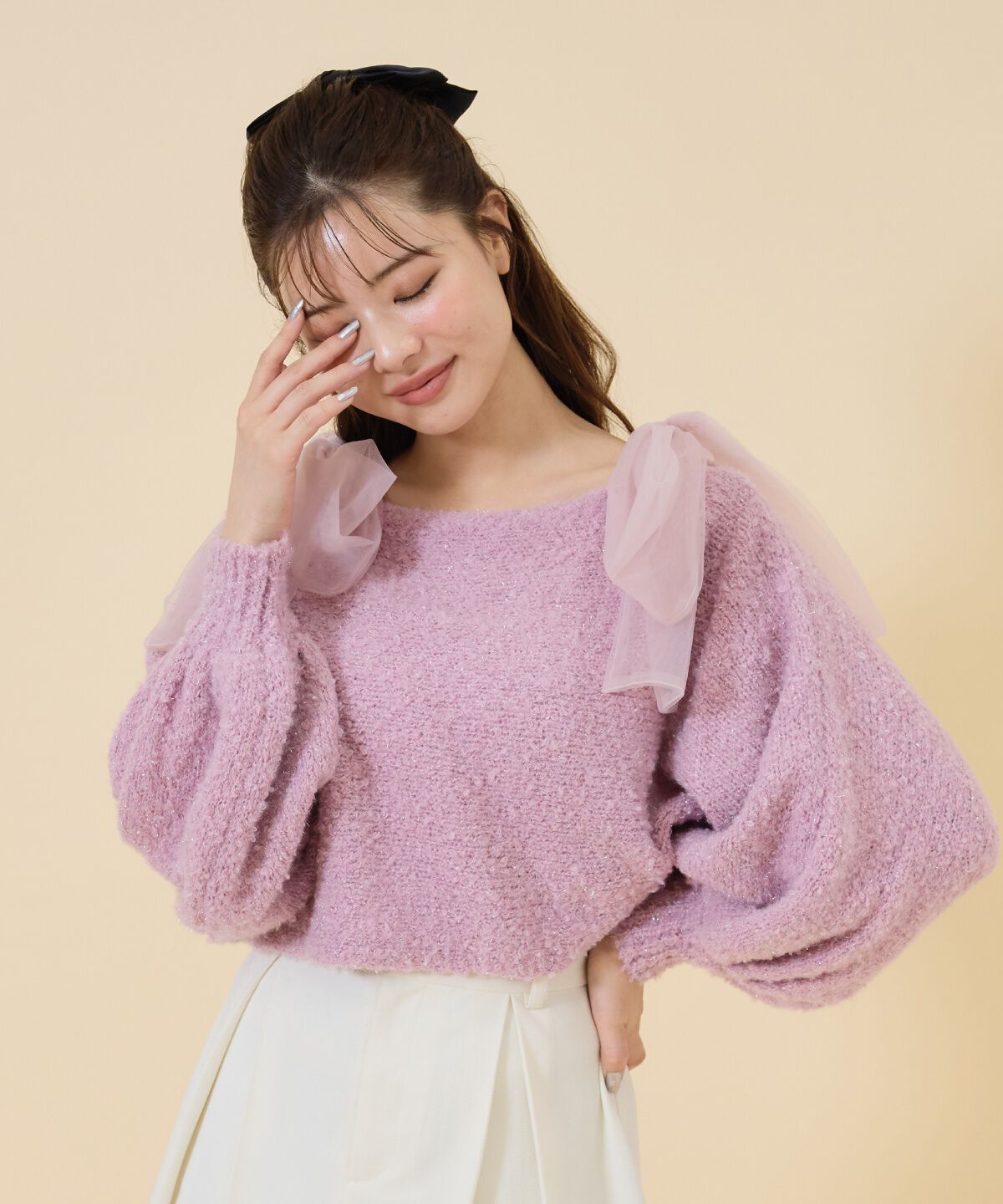 REDYAZEL「チュールリボンラメニットトップス」|ニット・セーター|ピンク