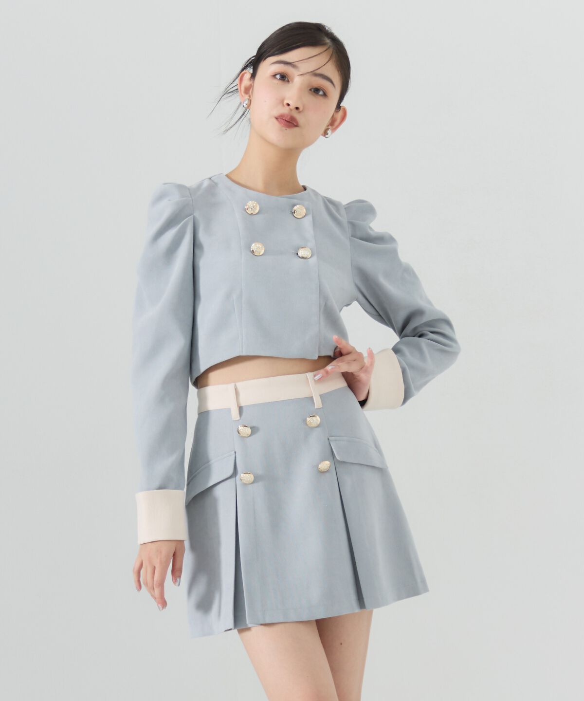 REDYAZEL「ダブルボタンバイカラーミニスカート」|フレア|