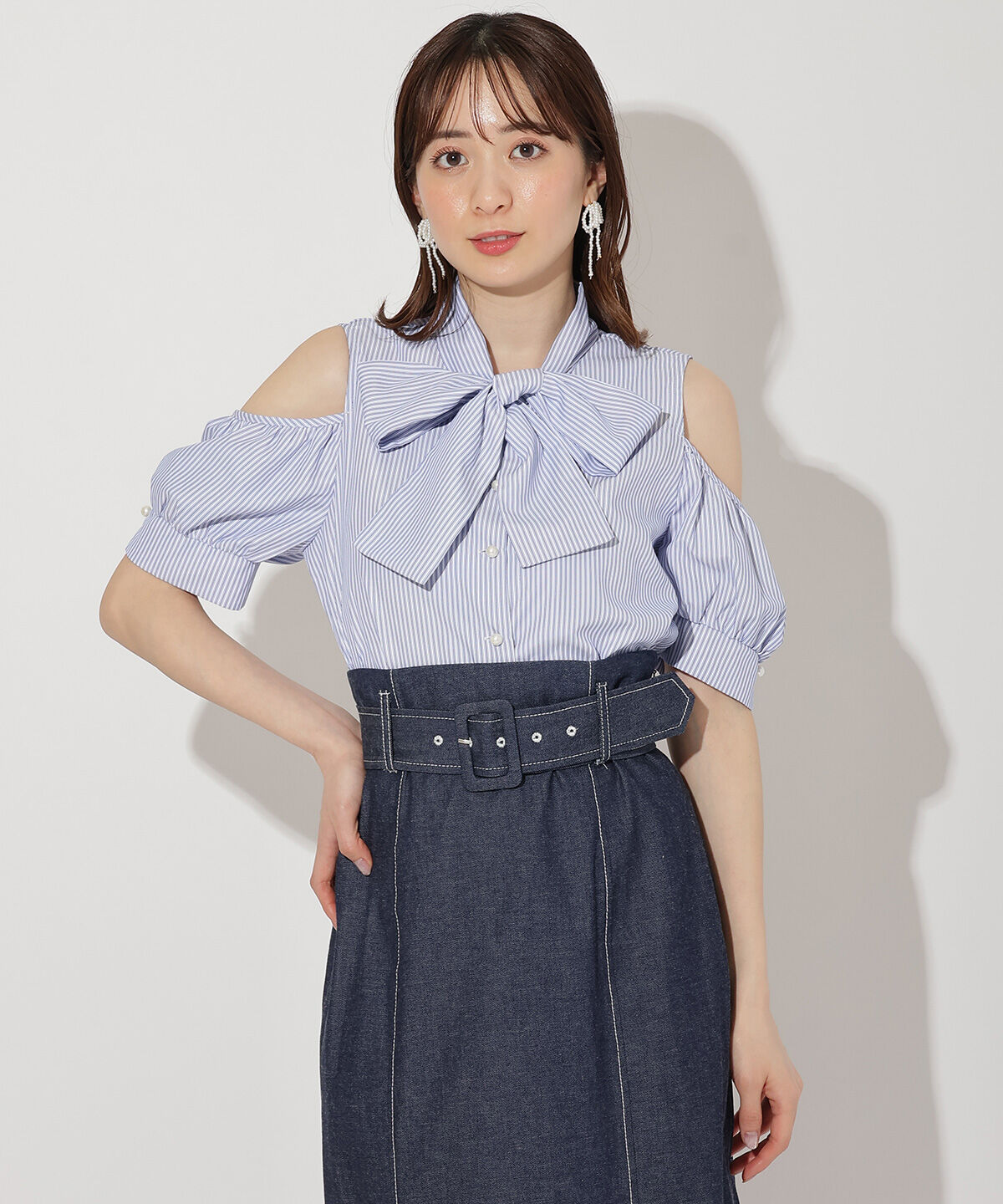 WILLSELECTION「オープンショルダーリボンタイブラウス」|シャツ・ブラウス|Navy/borderｽﾄﾗｲﾌﾟ