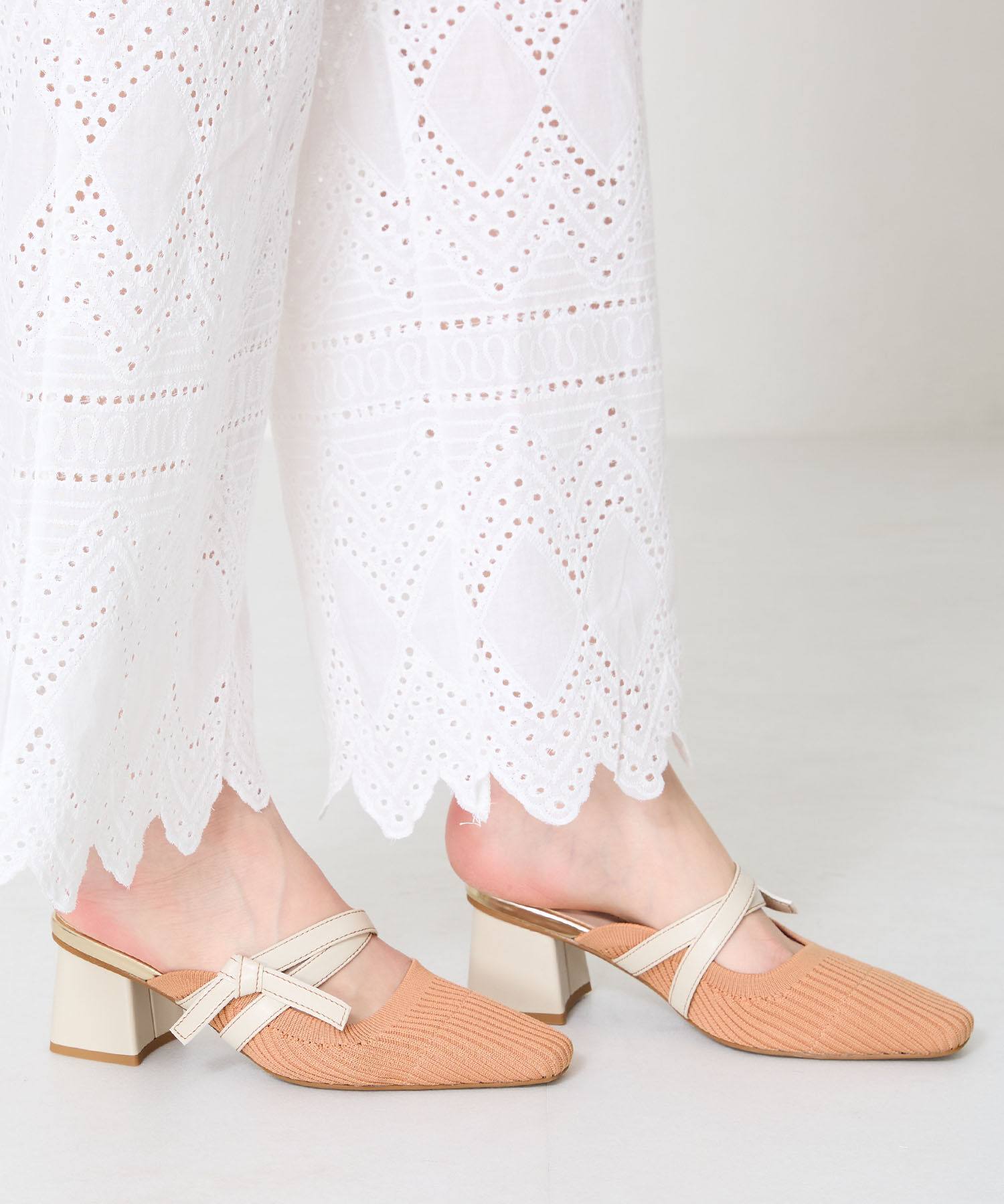 ORiental TRaffic「●2025春夏新作●ニット&times;リボンミュールパンプス/51120 パンプス ミュール ニット 人気 売れてる」|パンプス|