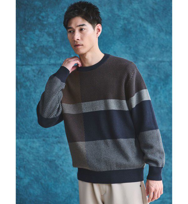UNITED ARROWS green label relaxing「カラー ブロック ジャカード クルーネック ニット」|ニット・セーター|NAVY