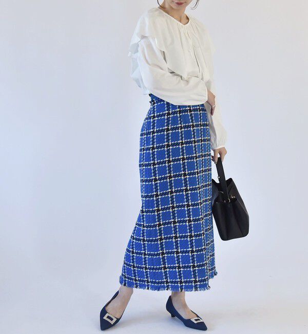 quaranciel「quaranciel: ブルー ツイード チェック Iライン スカート（セットアップ対応）」|スカート|