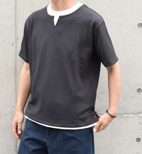 SHIPS any「【WEB限定】SHIPS any: キーネック ジャカード フェイクレイヤード Tシャツ◇」|Tシャツ・カットソー|ダークグレー