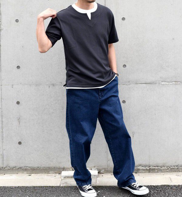 SHIPS any「【WEB限定】SHIPS any: キーネック ジャカード フェイクレイヤード Tシャツ◇」|Tシャツ・カットソー|