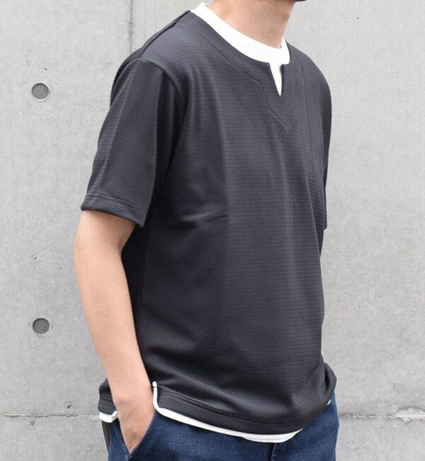 SHIPS any「【WEB限定】SHIPS any: キーネック ジャカード フェイクレイヤード Tシャツ◇」|Tシャツ・カットソー|