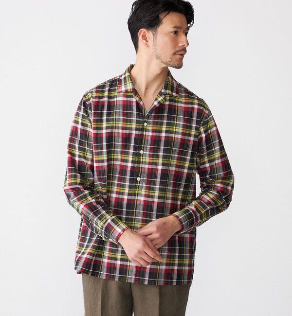 SHIPS「SHIPS: オープンカラー コットン リネン マドラスチェック プルオーバー シャツ オリーブ」|シャツ・ブラウス|