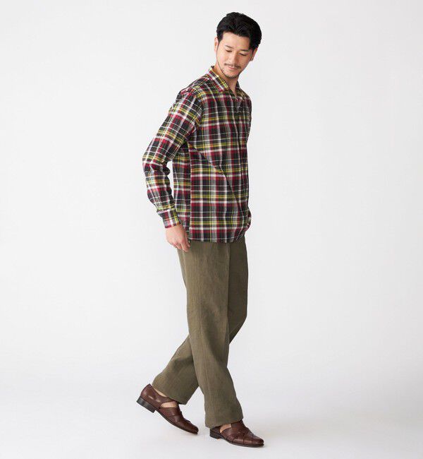 SHIPS「SHIPS: オープンカラー コットン リネン マドラスチェック プルオーバー シャツ オリーブ」|シャツ・ブラウス|