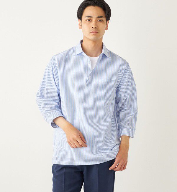 SHIPS Colors 「SHIPS Colors:〈洗濯機可能〉シアーサッカー スキッパー 7分袖 シャツ」|シャツ・ブラウス|ライトブルー